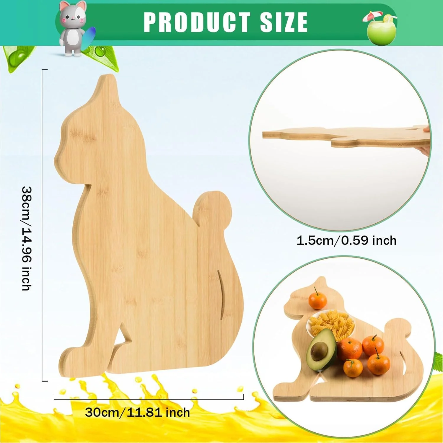 تخته برش چوبی طرح گربه بامبو، 38x30x1.5 سانتی متر، تخته سرو چوبی، تخته خردکن آشپزخانه، تخته پنیر و اردور چوبی بامبو، تخته حکاکی لیزری برای هدیه خانه نویی سفارشی