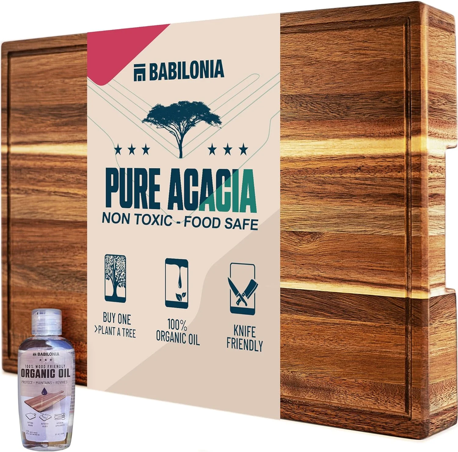 تخته برش چوبی آکاسیا برای آشپزخانه، تخته خردکن چوبی برای گوشت، پنیر و تخته سرو با دسته (بسیار ضخیم 4.3 سانتی متر). تخته گوشت با کیفیت عالی (شامل بطری روغن و بشقاب)