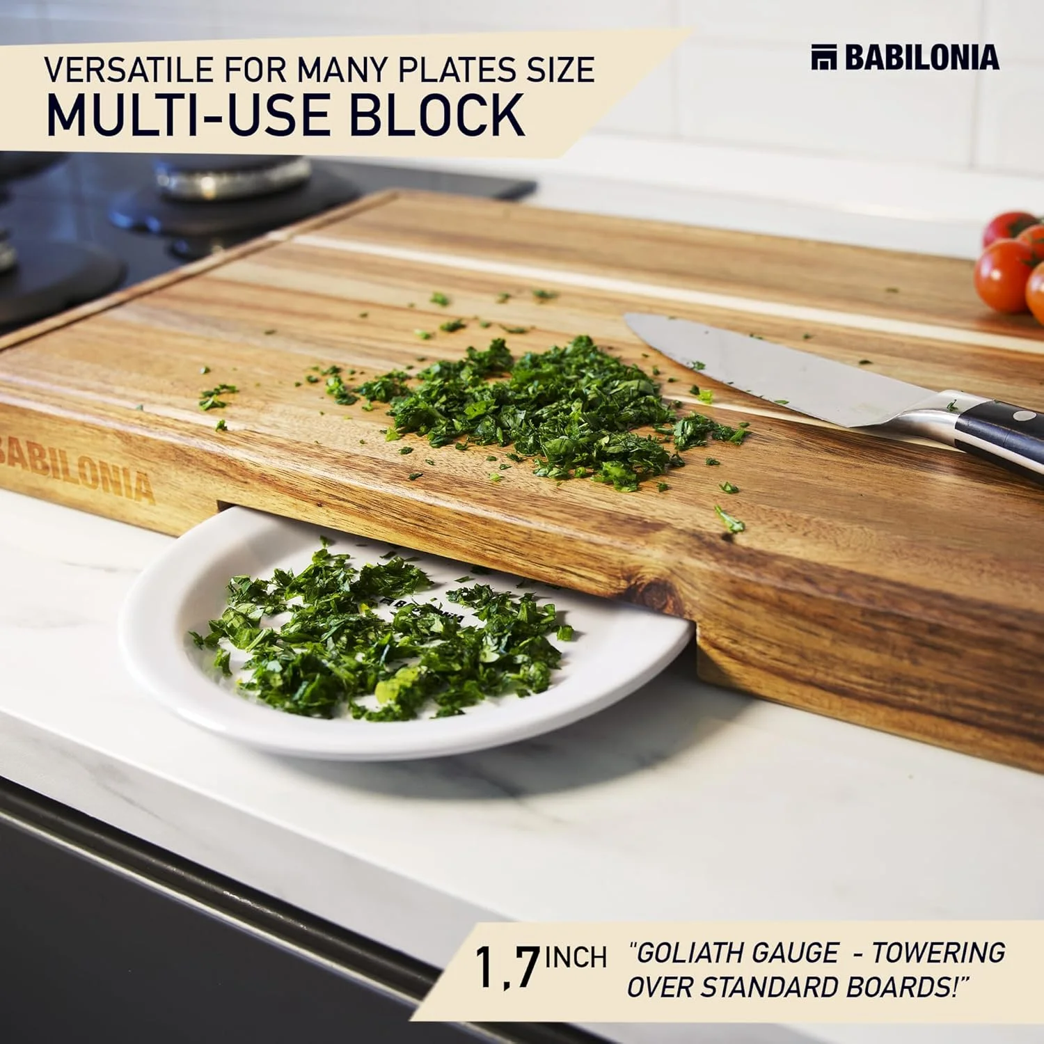 تخته برش چوبی آکاسیا برای آشپزخانه، تخته خردکن چوبی برای گوشت، پنیر و تخته سرو با دسته (بسیار ضخیم 4.3 سانتی متر). تخته گوشت با کیفیت عالی (شامل بطری روغن و بشقاب)