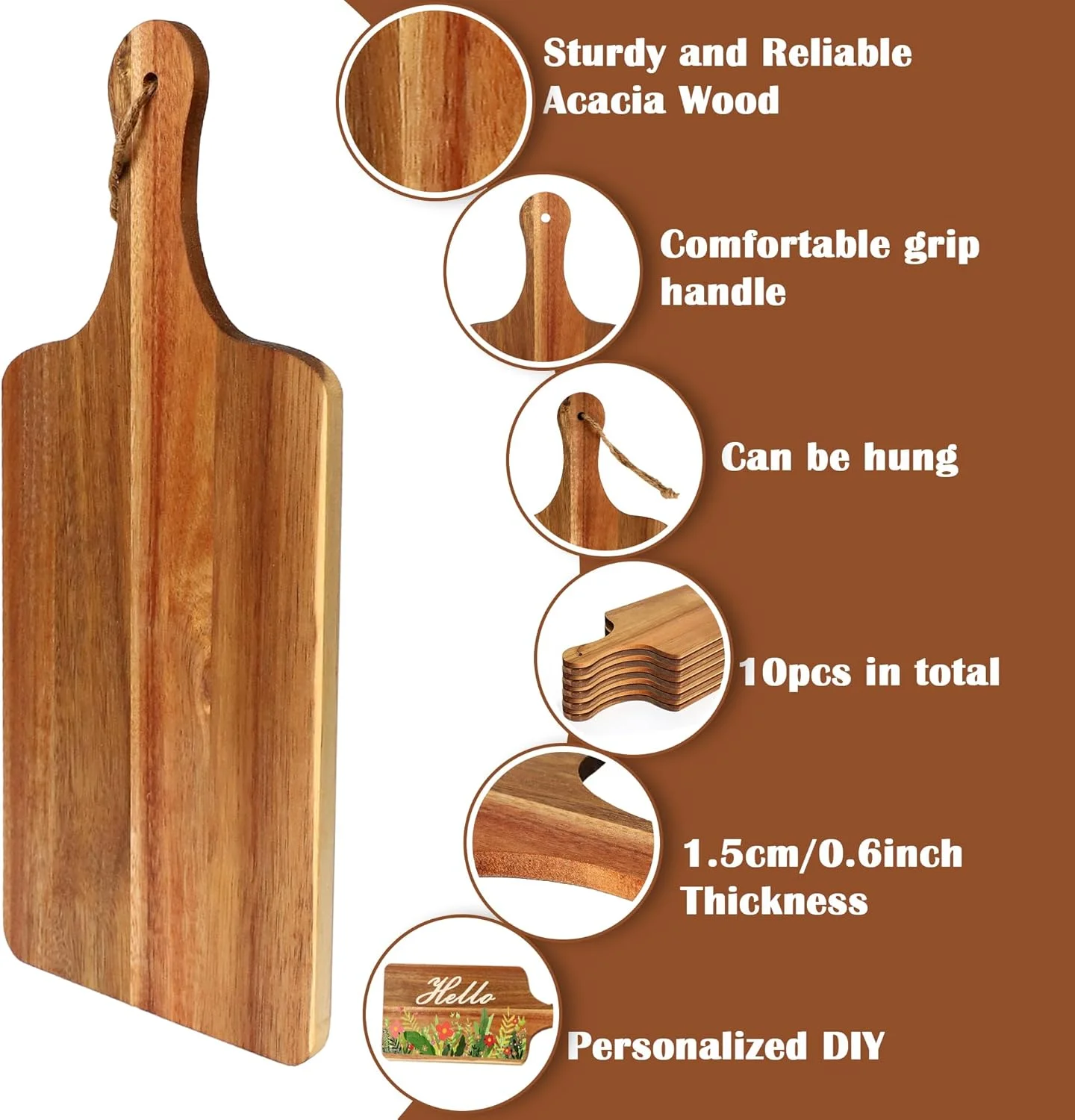 12 عدد تخته برش چوبی اقاقیا، تخته خردکن ساده 30.5x15 سانتی متری با دستگیره، تخته سرو چوبی آشپزخانه، عمده با طناب و روبان چهارخانه برای سبزیجات، گوشت، پیتزا، پنیر، میوه، نان