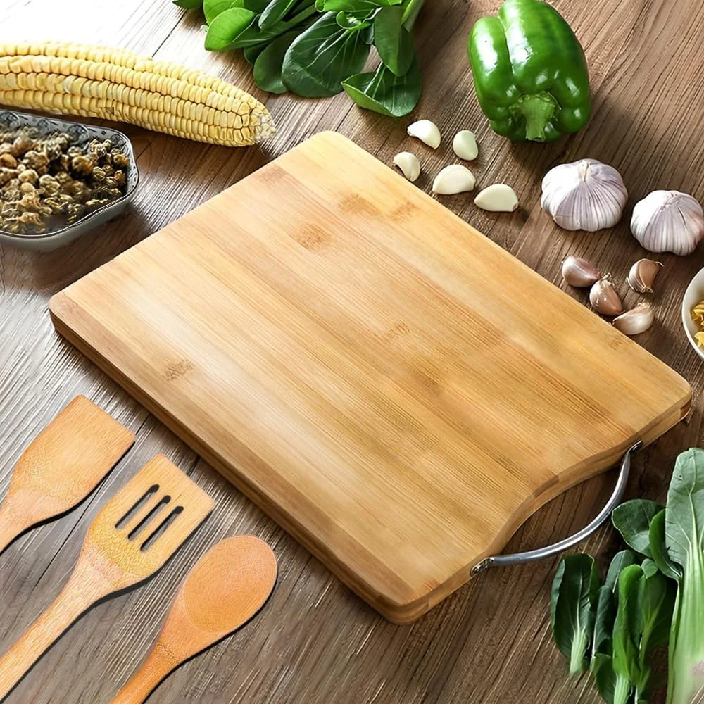 تخته برش بامبو هگزار® به همراه ست 3 تایی قاشق بامبو، تخته خردکن بامبو طبیعی، ابزار آشپزخانه برای استفاده روزمره، تخته برش ضخیم 22x32 سانتی متر، ست قاشق و کفگیر بامبو