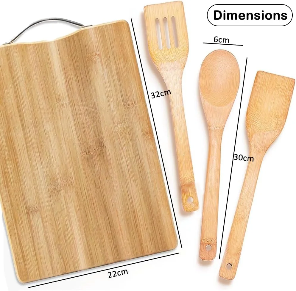 تخته برش بامبو هگزار® به همراه ست 3 تایی قاشق بامبو، تخته خردکن بامبو طبیعی، ابزار آشپزخانه برای استفاده روزمره، تخته برش ضخیم 22x32 سانتی متر، ست قاشق و کفگیر بامبو