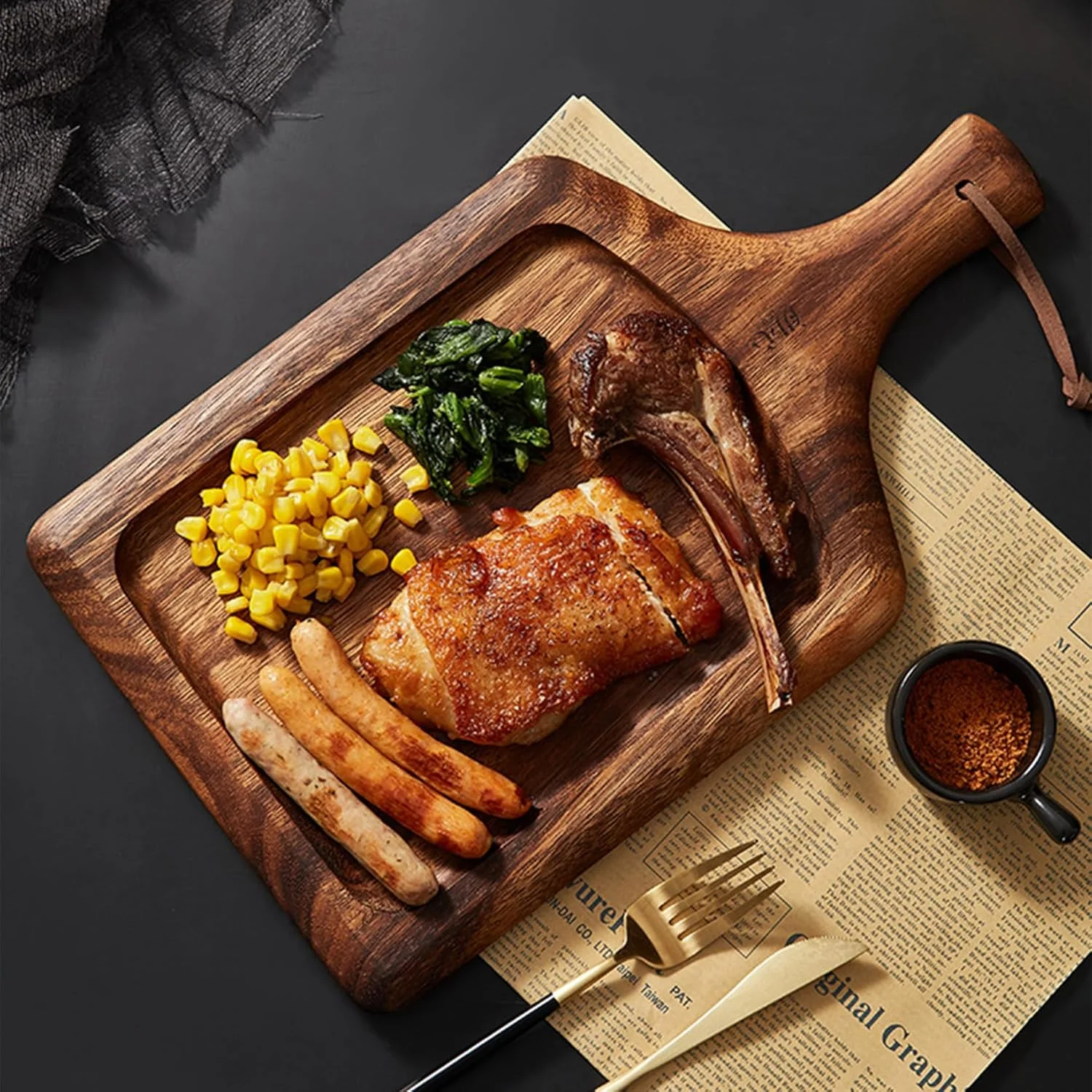 تخته استیک چوبی از چوب جامد با دسته برای گوشت، تخته پنیر، سبزیجات، نان و سوسیس، تخته سرو چوبی تزئینی برای آشپزخانه و...