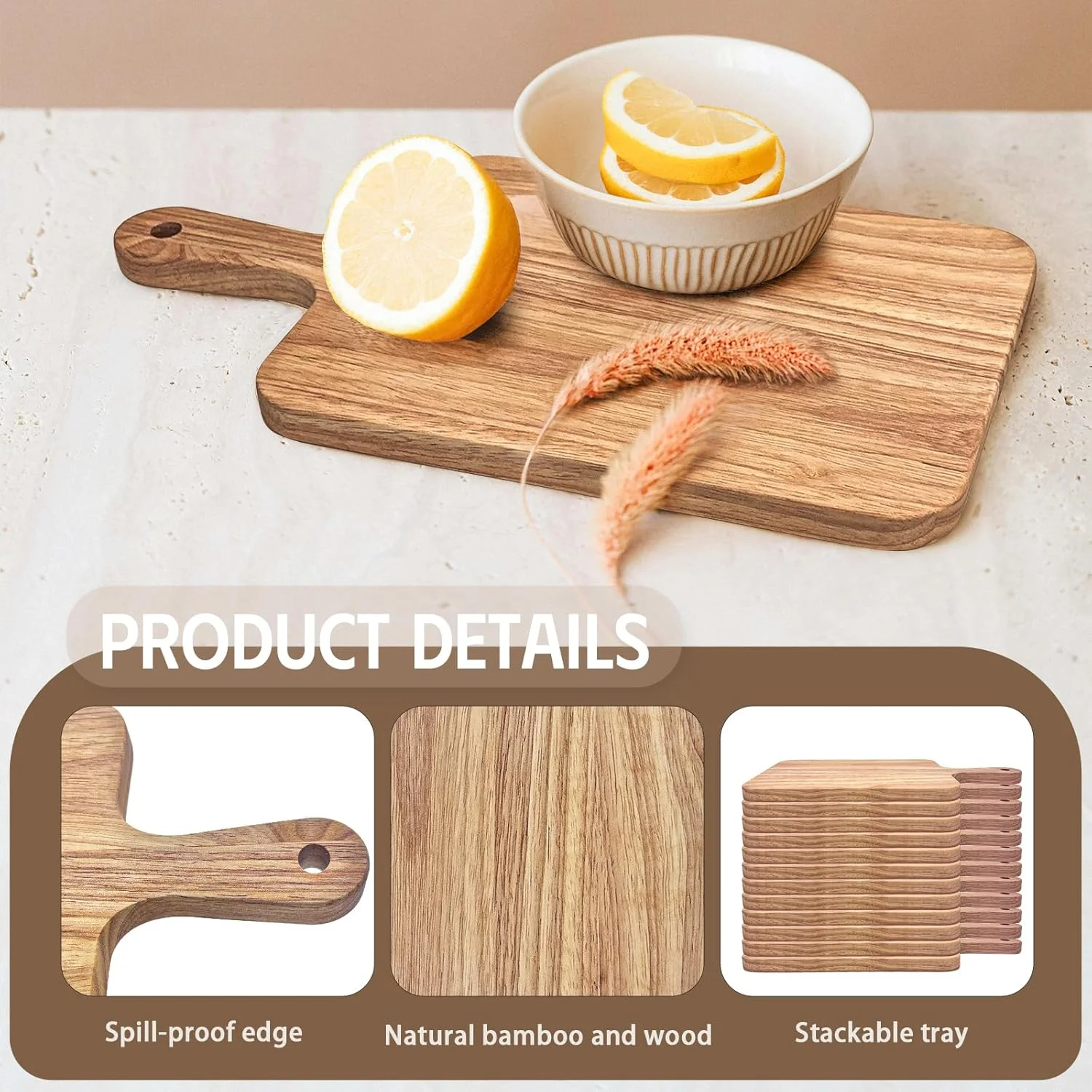بسته 15 عددی تخته برش چوبی بلوط، سینی سرو چوبی عمده، تخته خردکن آشپزخانه با دسته برای هدیه خانه نویی (35 x 18 سانتی متر)