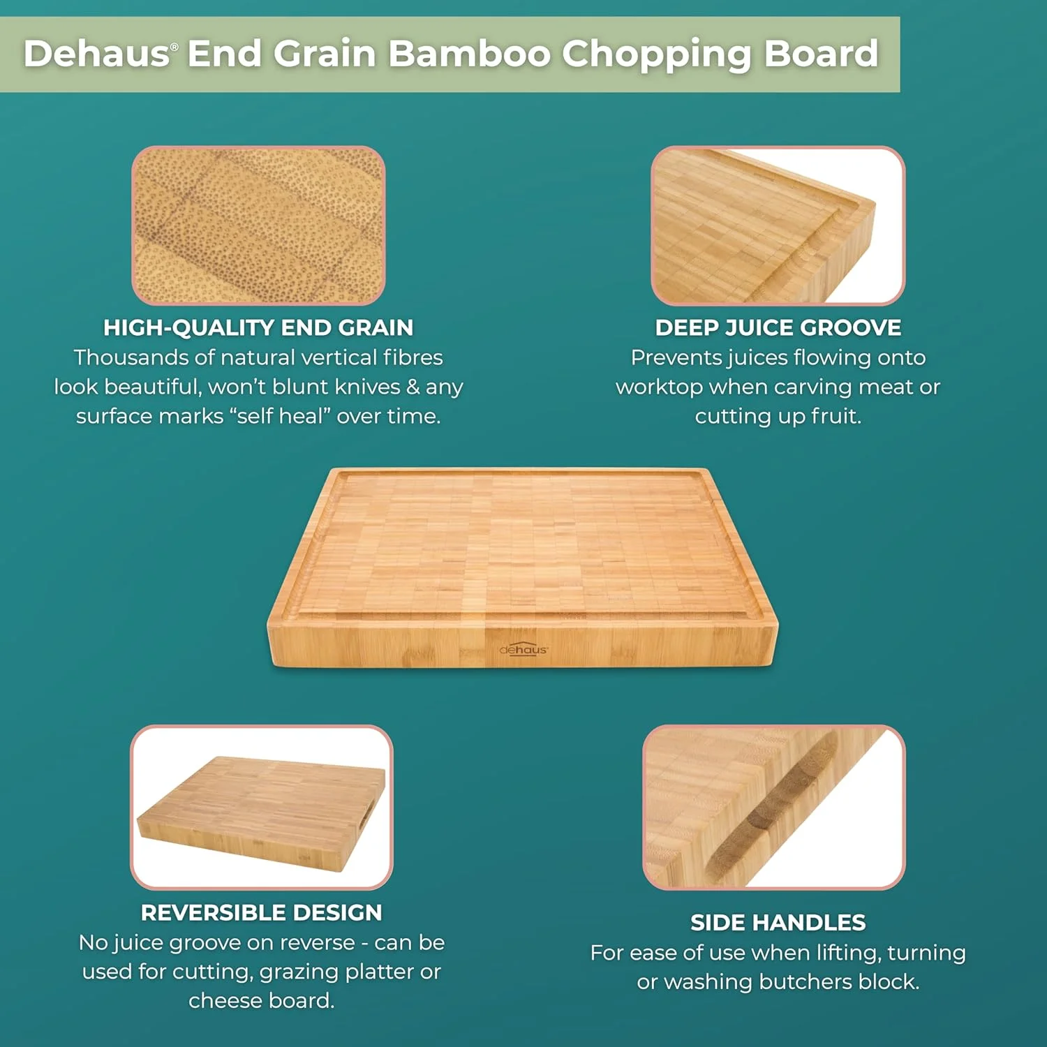 تخته برش بامبو Dehaus® - سایز بزرگ، 42x32x4 سانتی متر | بامبو با کیفیت عالی | تخته برش چوبی سنگین برای سینی مزه، تخته سرو، محافظ سطح کار آشپزخانه، سینی پنیر و سرو پیتزا