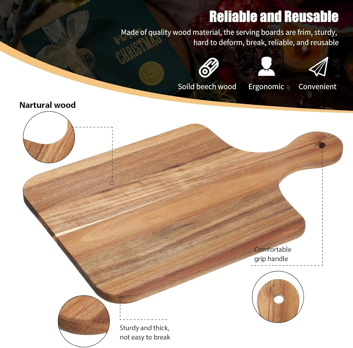 تخته برش چوبی آکاسیا دیدای، 6 عددی، تخته خردکن ضخیم آشپزخانه با دستگیره، تخته سرو چوبی، تخته پنیر چوبی خام برای حکاکی، هدیه عروسی و خانه نویی (40.64 x 25.4 سانتی متر)