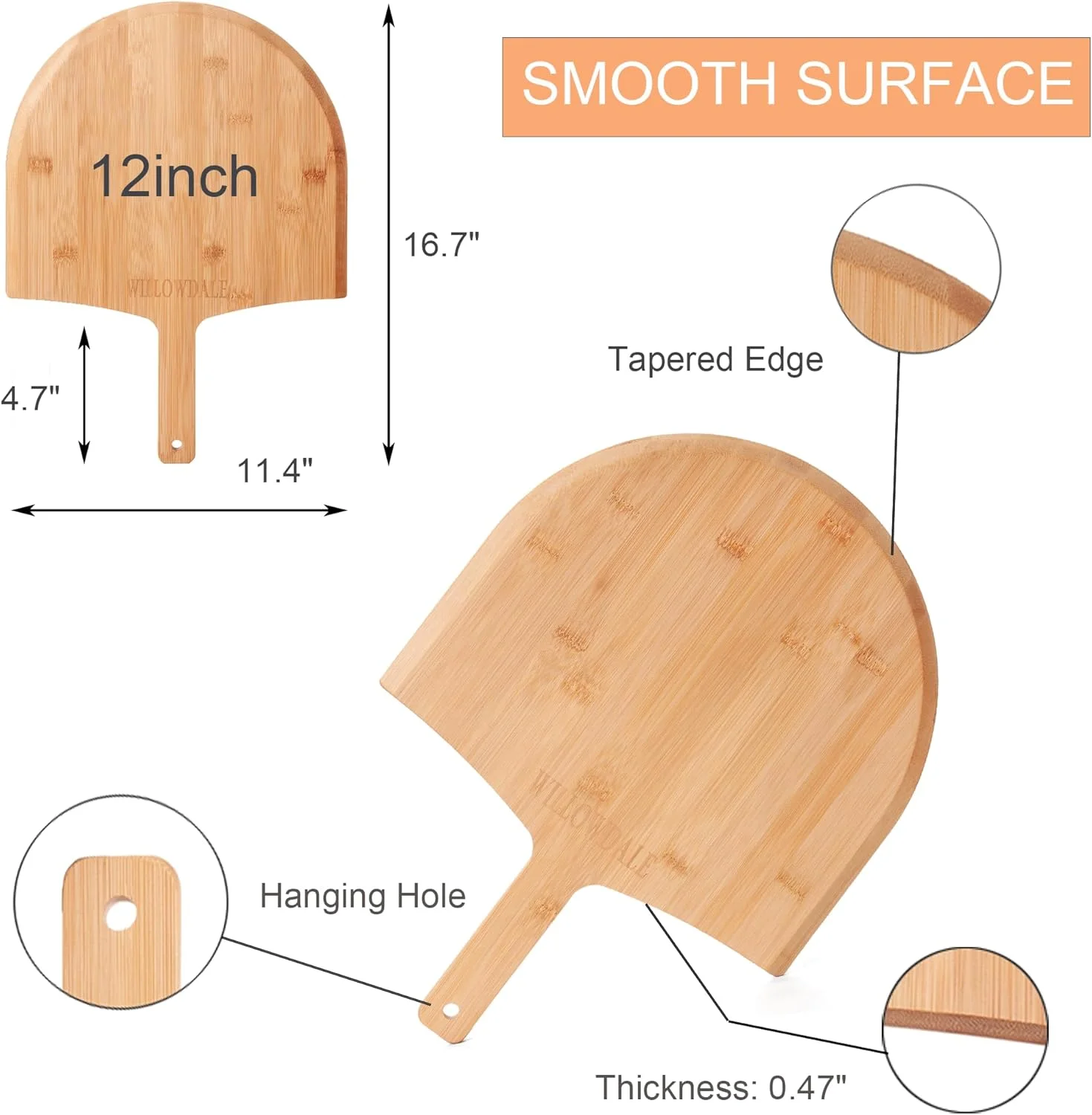 تخته پیتزا ویلودیل چوبی 30 سانتی‌متری، ست 2 عددی کفگیر پیتزا بامبو، لوازم جانبی بزرگ فر پیتزا برای پخت با دسته، تخته سرو برش چوبی برای پنیر، نان، پای، میوه و سبزیجات