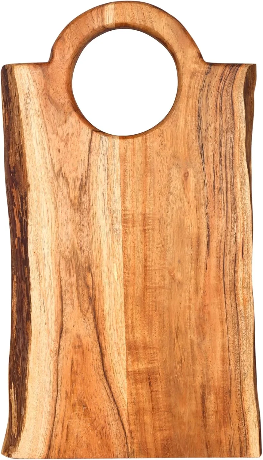 تخته برش لبه زنده چوب اقاقیا GoCraft - 43 × 25 سانتی متر - با دسته گرد داخلی | تخته سرو روستایی مستطیلی | سینی سرو پنیر | تخته خردکن چوبی | دیس برش آشپزخانه