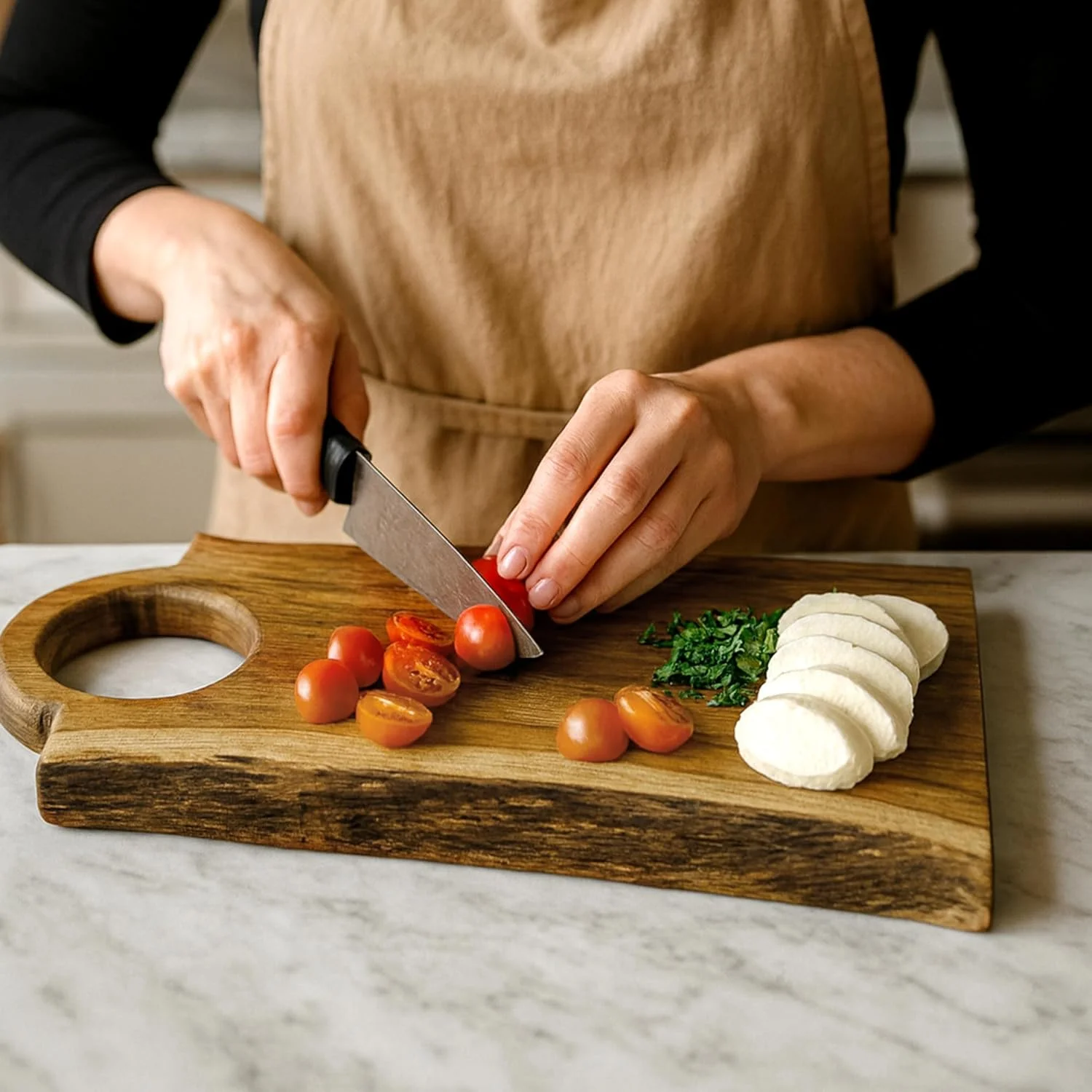 تخته برش لبه زنده چوب اقاقیا GoCraft - 43 × 25 سانتی متر - با دسته گرد داخلی | تخته سرو روستایی مستطیلی | سینی سرو پنیر | تخته خردکن چوبی | دیس برش آشپزخانه