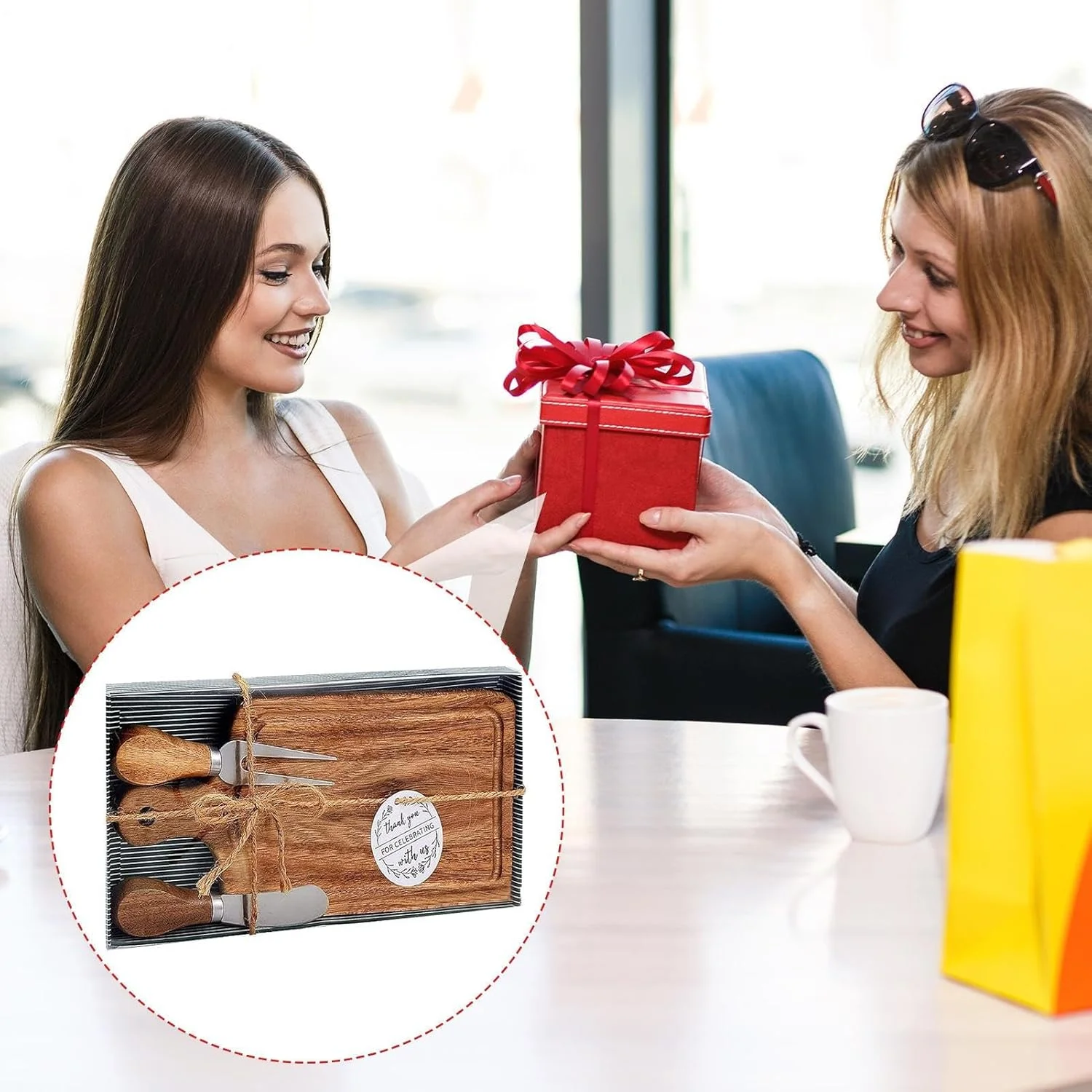 تخته سرو پنیر - سینی های سرو مزه | تخته برش چوبی به همراه کارد و چنگال و برچسب تشکر، مربعی شکل، مناسب برای دورهمی های خانوادگی، جشن تولد، هدیه خانه نویی، مهمانی آپارتمانی