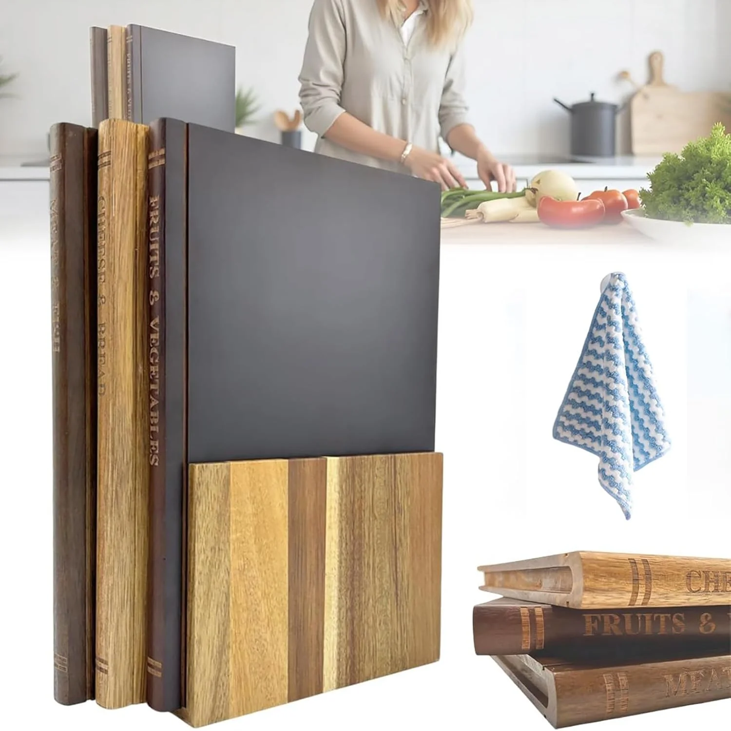 تخته برش طرح کتاب، ست تخته برش چوبی، ست تخته خردکن چوبی 3 تکه با پایه، برای آماده سازی نان، پنیر، گوشت و سبزیجات تخته برش طرح کتاب، ست تخته برش چوبی، ست تخته خردکن چوبی 3 تکه با پایه، برای آماده سازی نان، پنیر، گوشت و سبزیجات