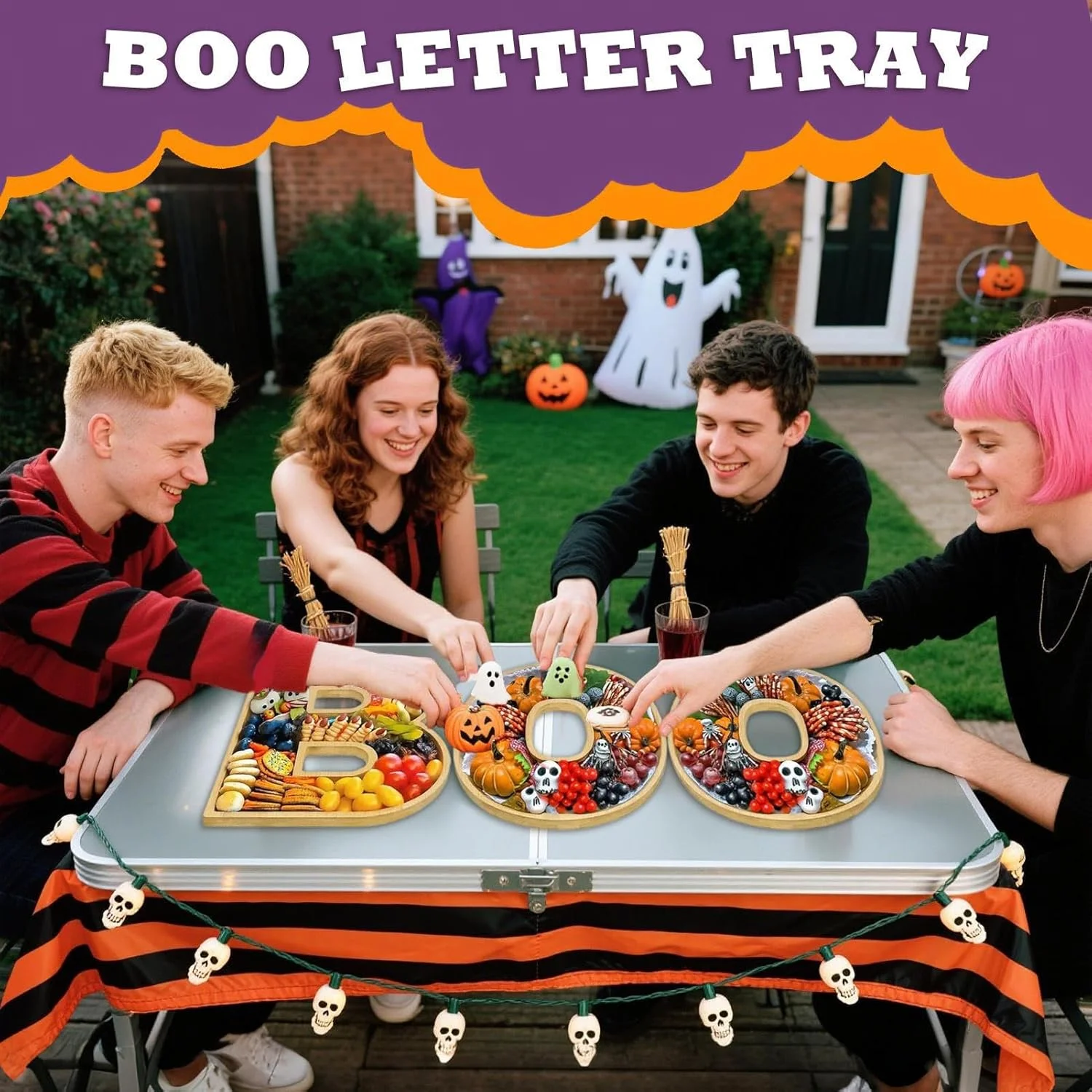 سینی پذیرایی چوبی طرح هالووین | سینی سرو تخته پنیر - دکوری چوبی برای میز، دسک، شومینه، خانه روستایی، مهمانی، شیرینی، میوه، کاپ کیک و اسنک