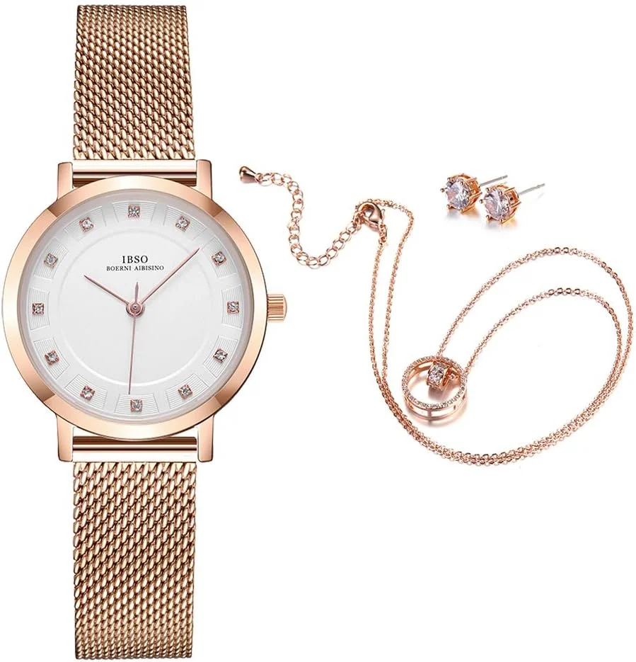ست ساعت مچی زنانه IBSO کوارتز با گوشواره و گردنبند رزگلد، 3 ست برای هدیه روز ولنتاین (3623 RG XL004) ست ساعت مچی زنانه IBSO کوارتز با گوشواره و گردنبند رزگلد، 3 ست برای هدیه روز ولنتاین (3623 RG XL004)
