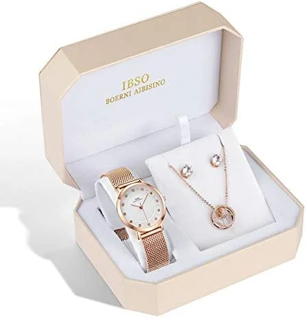 ست ساعت مچی زنانه IBSO کوارتز با گوشواره و گردنبند رزگلد، 3 ست برای هدیه روز ولنتاین (3623 RG XL004) ست ساعت مچی زنانه IBSO کوارتز با گوشواره و گردنبند رزگلد، 3 ست برای هدیه روز ولنتاین (3623 RG XL004)