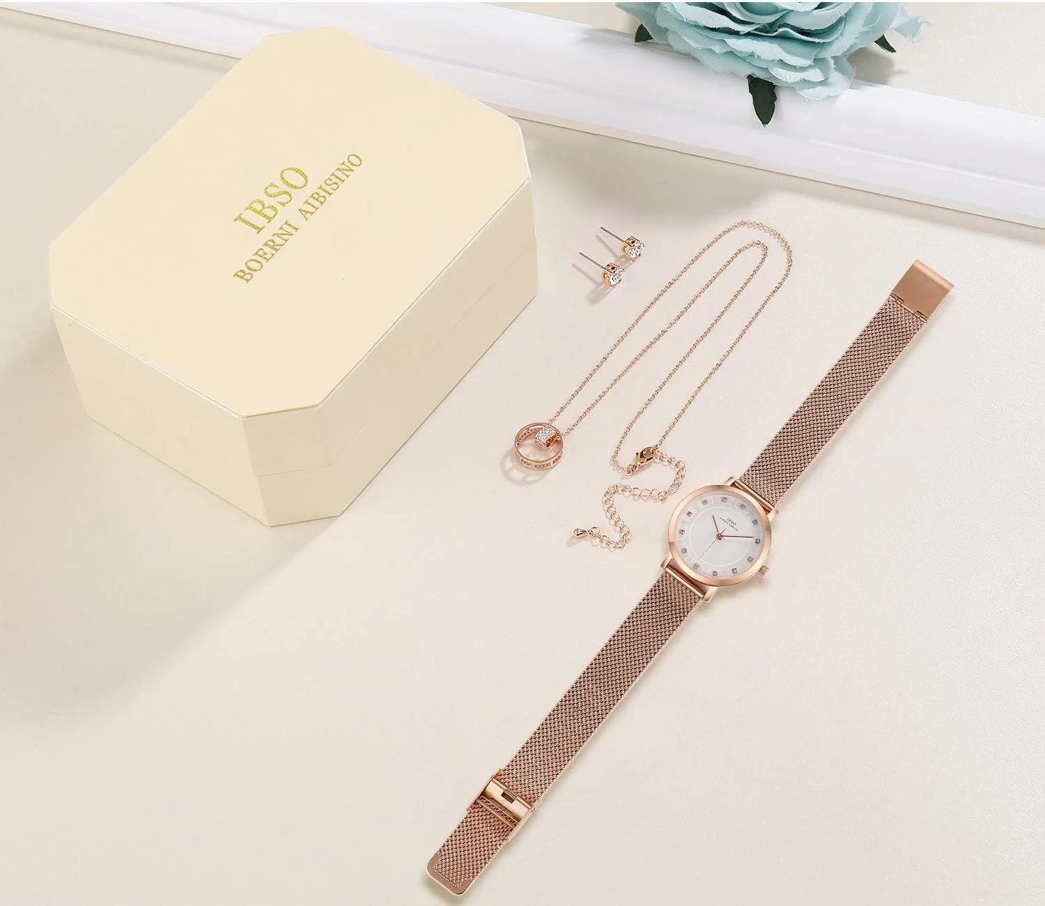 ست ساعت مچی زنانه IBSO کوارتز با گوشواره و گردنبند رزگلد، 3 ست برای هدیه روز ولنتاین (3623 RG XL004) ست ساعت مچی زنانه IBSO کوارتز با گوشواره و گردنبند رزگلد، 3 ست برای هدیه روز ولنتاین (3623 RG XL004)