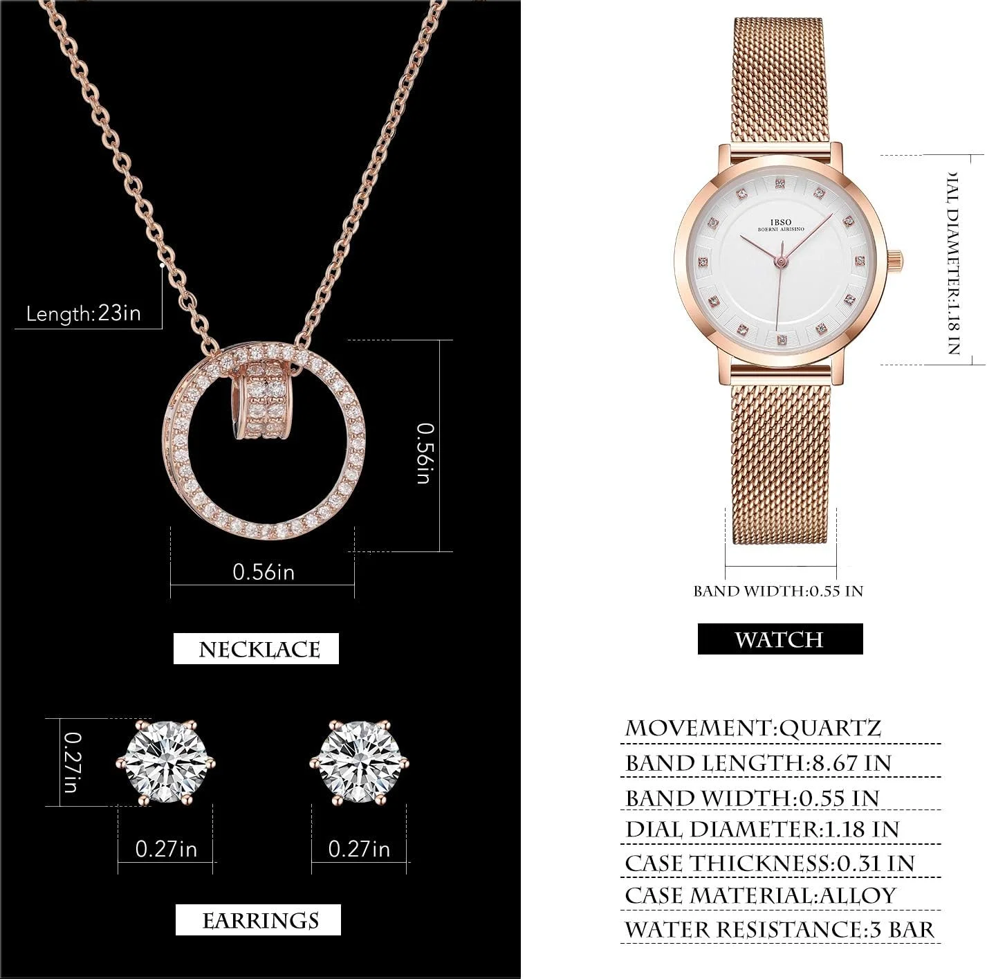ست ساعت مچی زنانه IBSO کوارتز با گوشواره و گردنبند رزگلد، 3 ست برای هدیه روز ولنتاین (3623 RG XL004) ست ساعت مچی زنانه IBSO کوارتز با گوشواره و گردنبند رزگلد، 3 ست برای هدیه روز ولنتاین (3623 RG XL004)