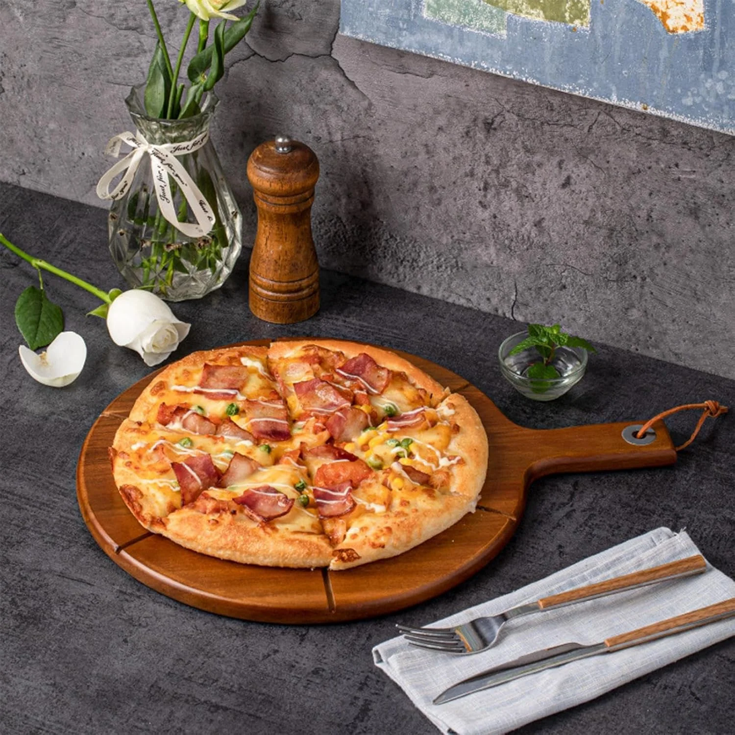 تخته برش پیتزا - با دسته، سینی سرو، تخته پیتزا چوبی گرد | برای لوازم جانبی فر پخت آشپزخانه خانگی، سرو گوشت، پنیر، نان و میوه