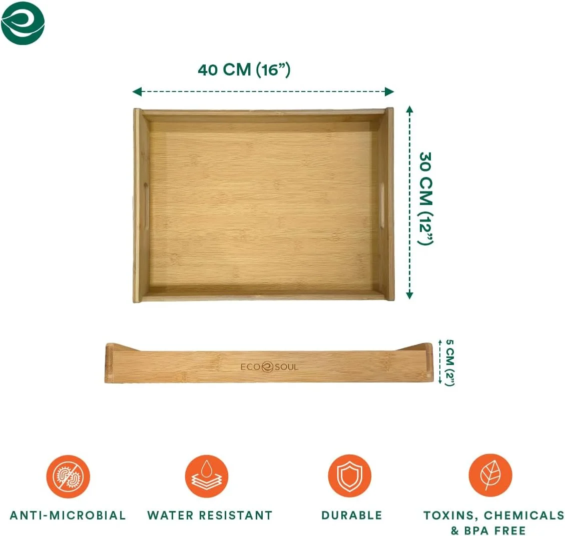 سینی سرو بامبو اکو سول [40x30 سانتی متر] سینی چوبی با دستگیره | 100% بامبو طبیعی | سایز بزرگ | صبحانه | غذا | آشپزخانه | فضای باز | رستوران ها