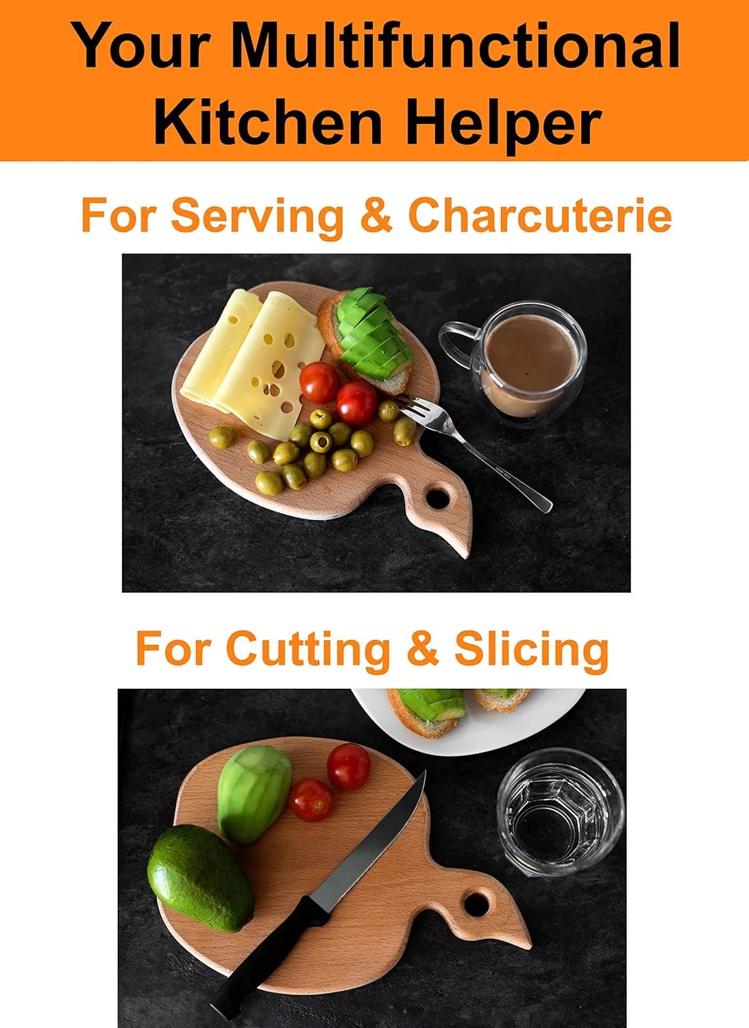 تخته برش چوبی جامد ایکوسال به شکل سیب با دسته برای میوه و سبزیجات - تخته نان چوبی کوچک، سینی سرو پنیر، تخته سرو گرد - 100% طبیعی، دو طرفه، شیک