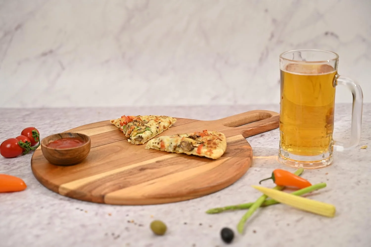 تخته پیتزا چوبی آکاسیا | تخته سرو چوبی بزرگ با دسته | تخته گرد رومیزی | تخته سرو گوشت و پنیر | بیل پیتزا | تخته پارویی پیتزا | قطر - 33 سانتی متر