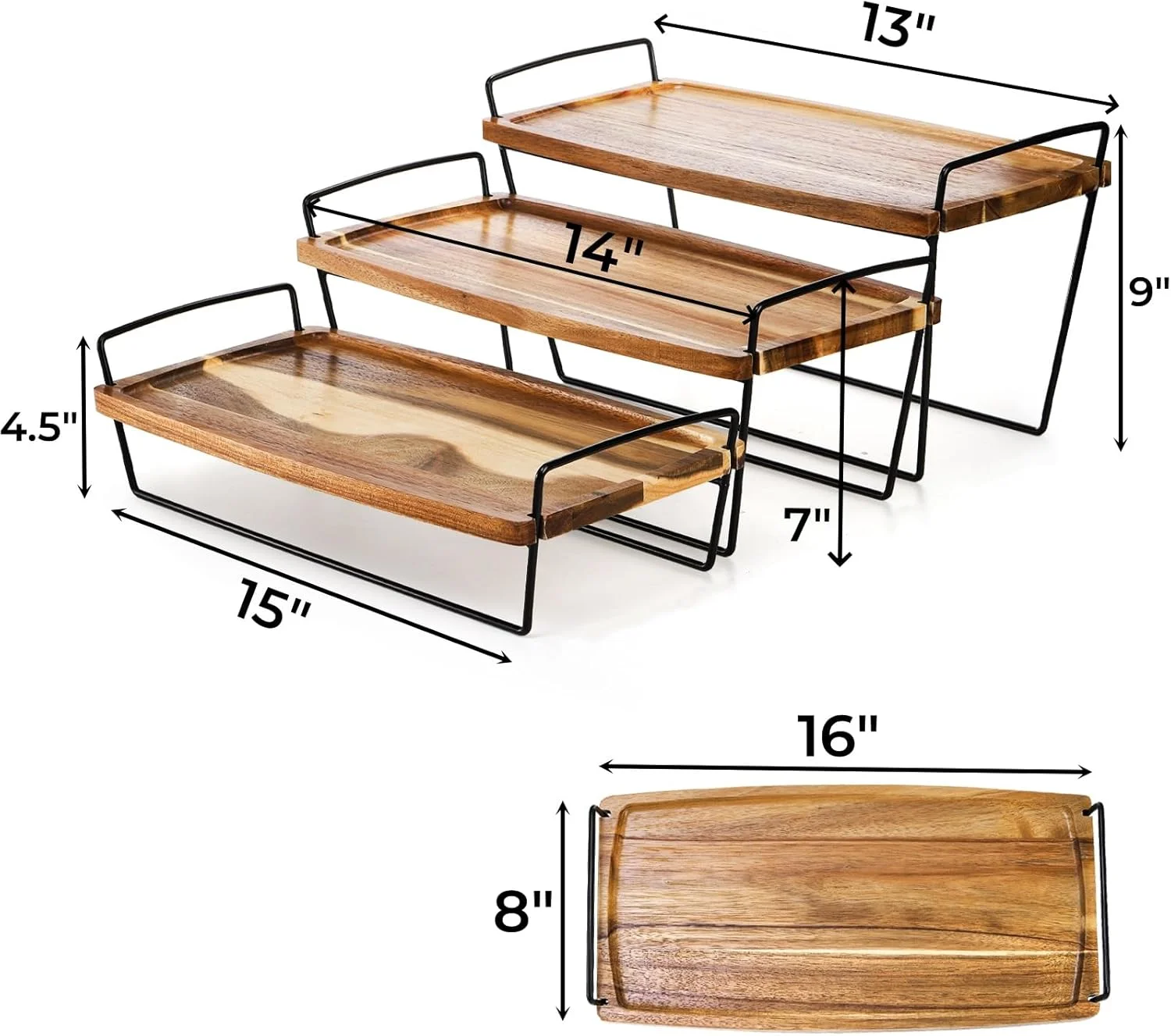 استند کیک سه طبقه چوبی آکاسیا با پایه فلزی، مناسب برای سرو و نمایش غذا، دسر، شیرینی و پیش غذا در مهمانی ها