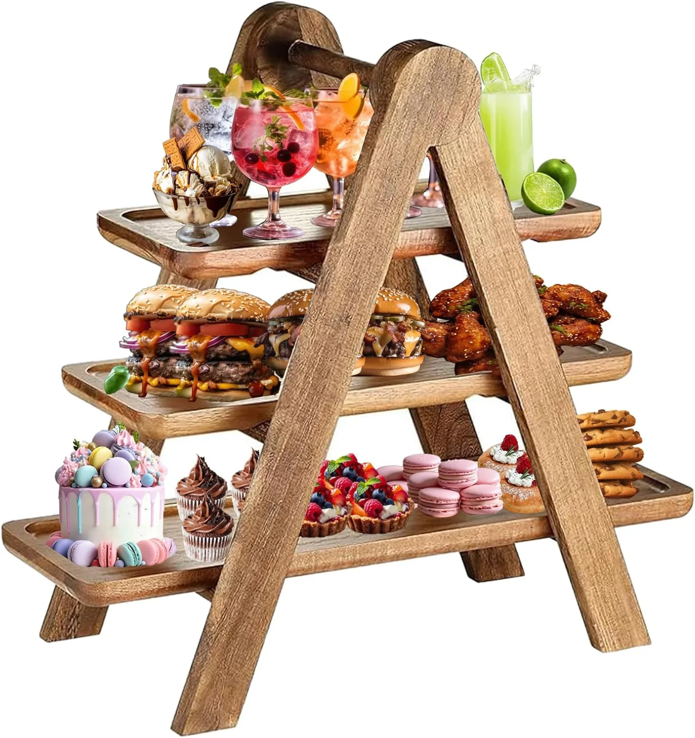 سینی سرو چوبی سه طبقه ENMOLOVE، سینی های سرو طبقه ای، سینی سه لایه 17 اینچی برای پذیرایی در مهمانی، نمایش غذا، شیرینی، میوه، استند کاپ کیک