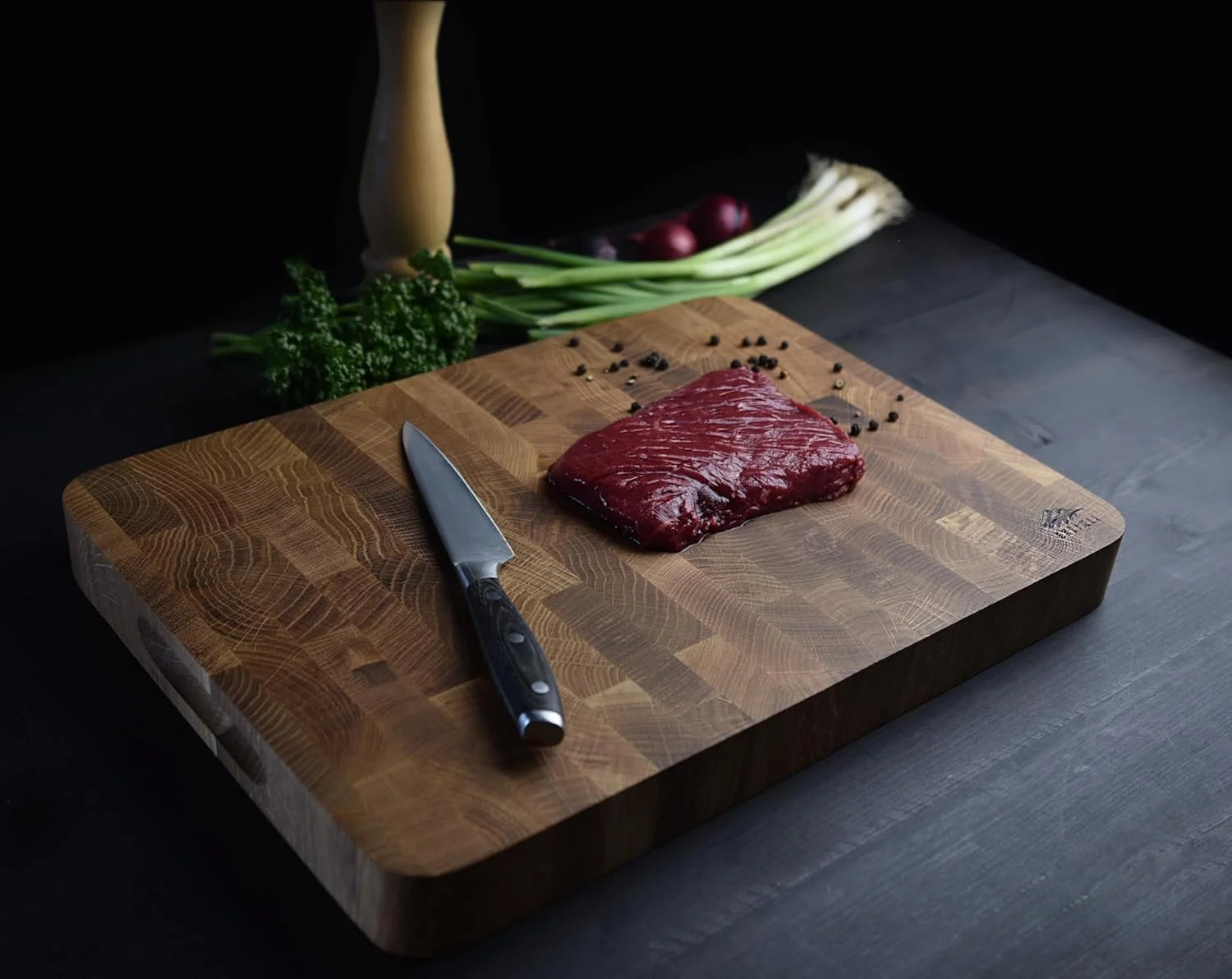 تخته گوشت بلوط ممتاز آنتی باکتریال و روغن آفتابگردان خوراکی - تخته برش چوبی، تخته سرو (بلوط 40x30x4 سانتی متر با دسته)