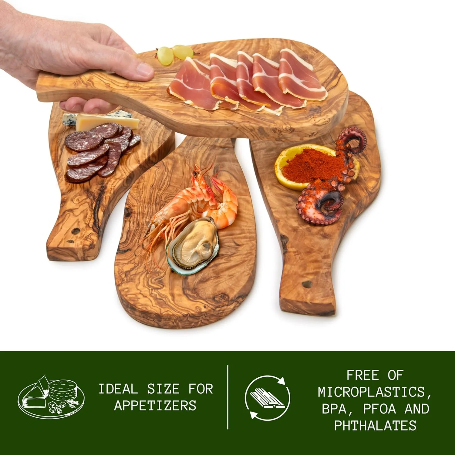 تخته آشپزخانه چوبی Erreke، تخته سرو پنیر و اسنک، پیش غذاهای چوبی، ست 4 تایی تخته سرو کوچک دست ساز از چوب زیتون طبیعی، درب دار، مناسب نان و سوسیس (28 x 13 سانتی متر)