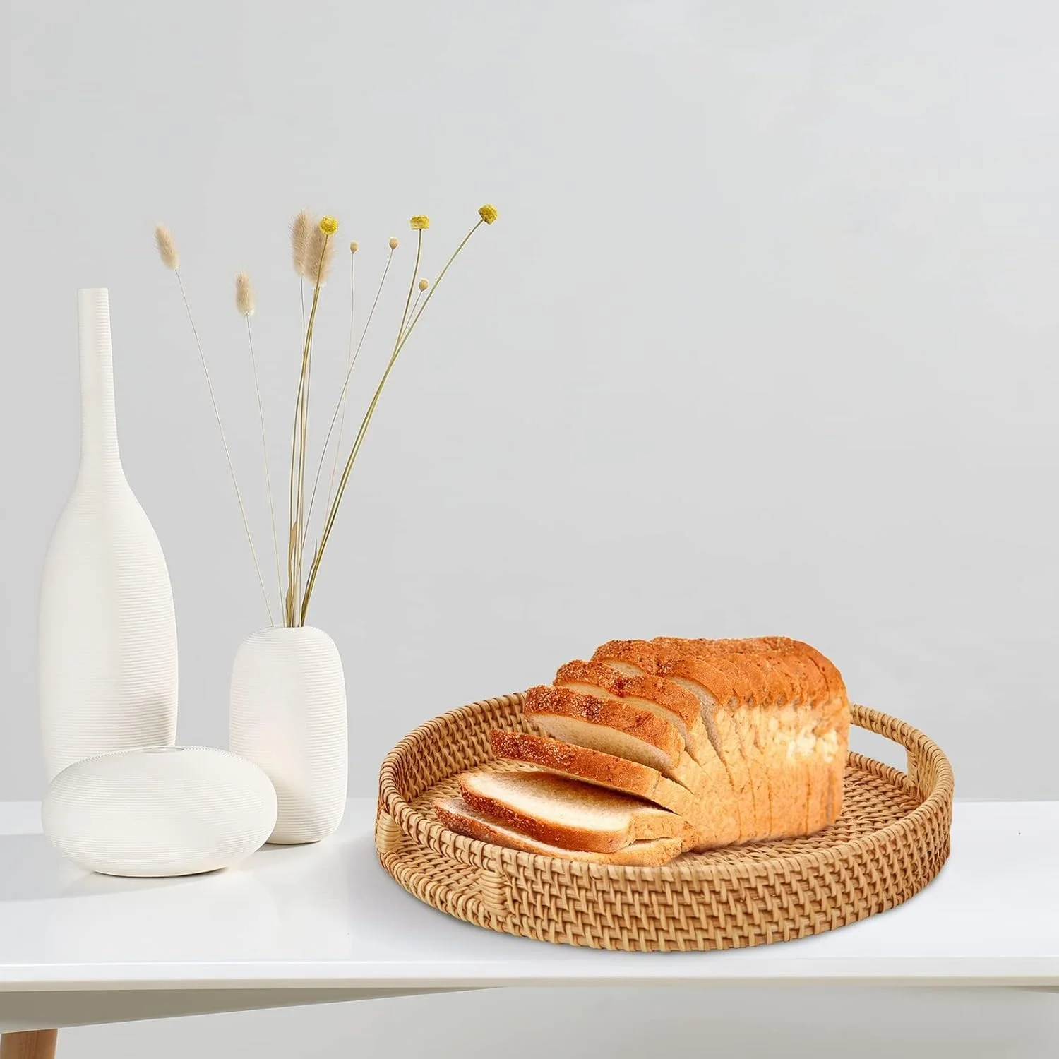 سینی میز قهوه گرد بافته شده از جنس خیزران با دسته برای دکوراسیون منزل و آشپزخانه (30 در 5 سانتیمتر)