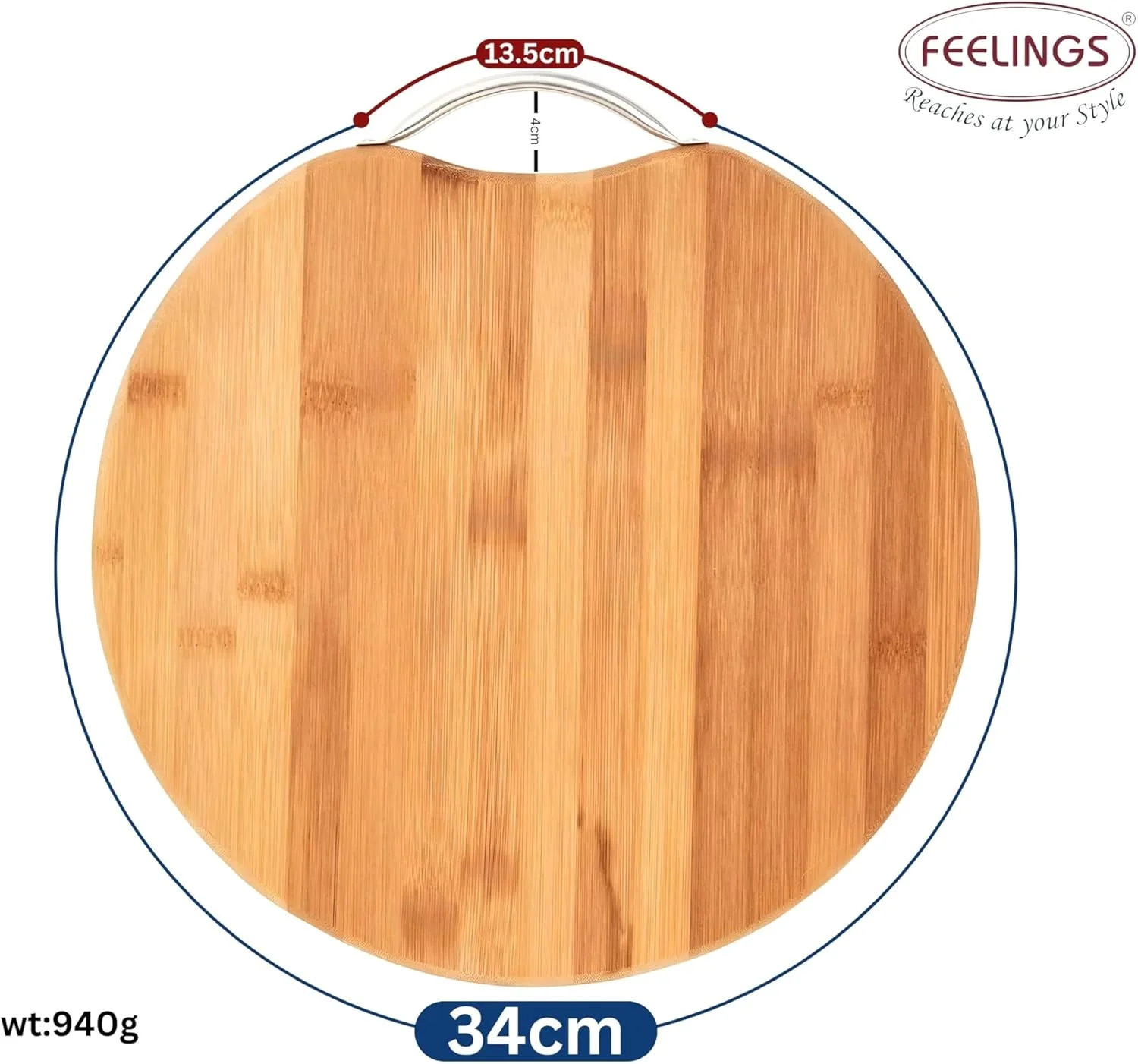 تخته برش چوبی گرد FEELINGS - تخته خردکن بادوام آشپزخانه برای آماده سازی و سرو غذا (34 سانتی متر)