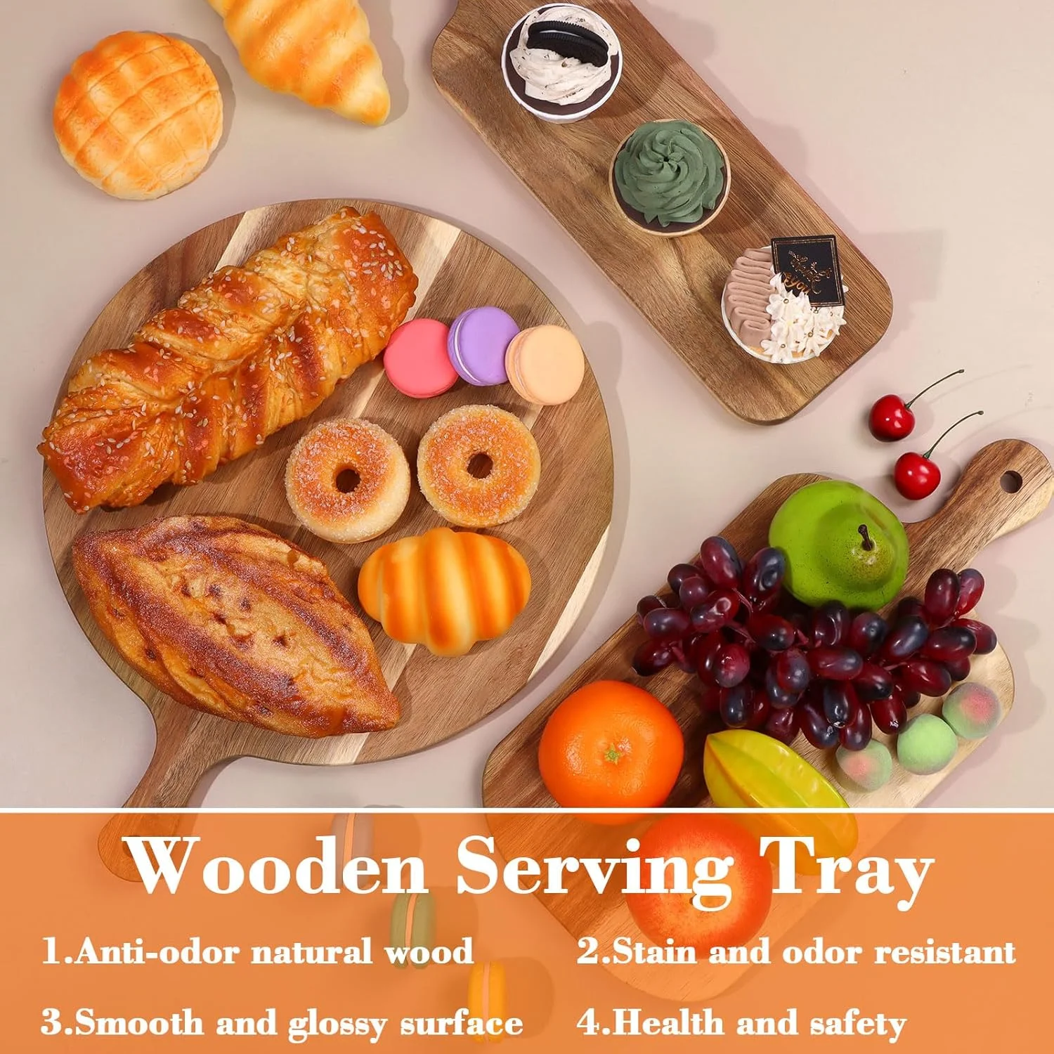 ست تخته برش چوبی FIONUPI، شامل 4 عدد تخته سرو گرد و مستطیلی دسته دار، مناسب برای برش نان، میوه، سبزیجات و سرو پنیر (چوب اقاقیا)