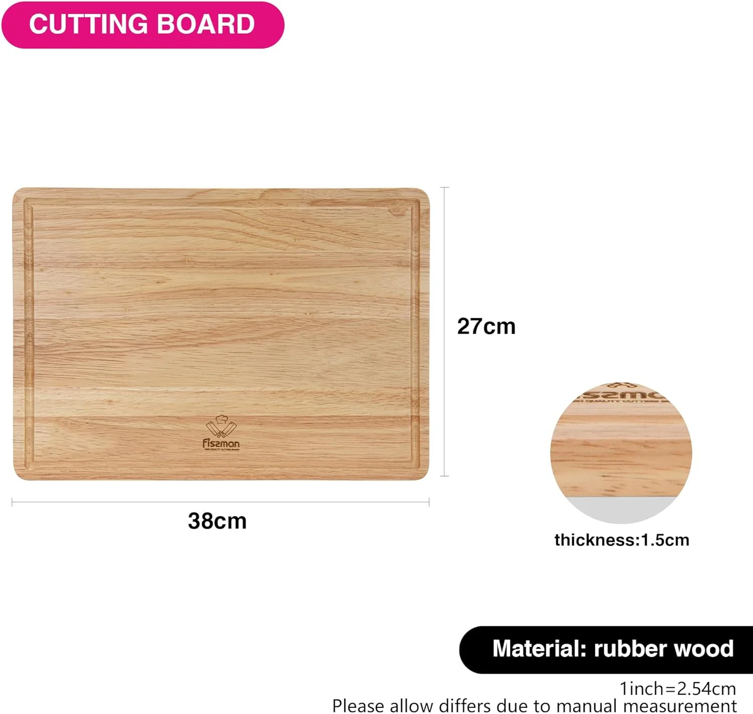 تخته برش مستطیلی فیسمن 38x27 سانتی متر، تخته خردکن چوبی 1.5 سانتی متر ضخامت | تخته برش چوبی Hevea با شیار آبمیوه | تخته خردکن ضد باکتری برای گوشت، میوه ها، سبزیجات