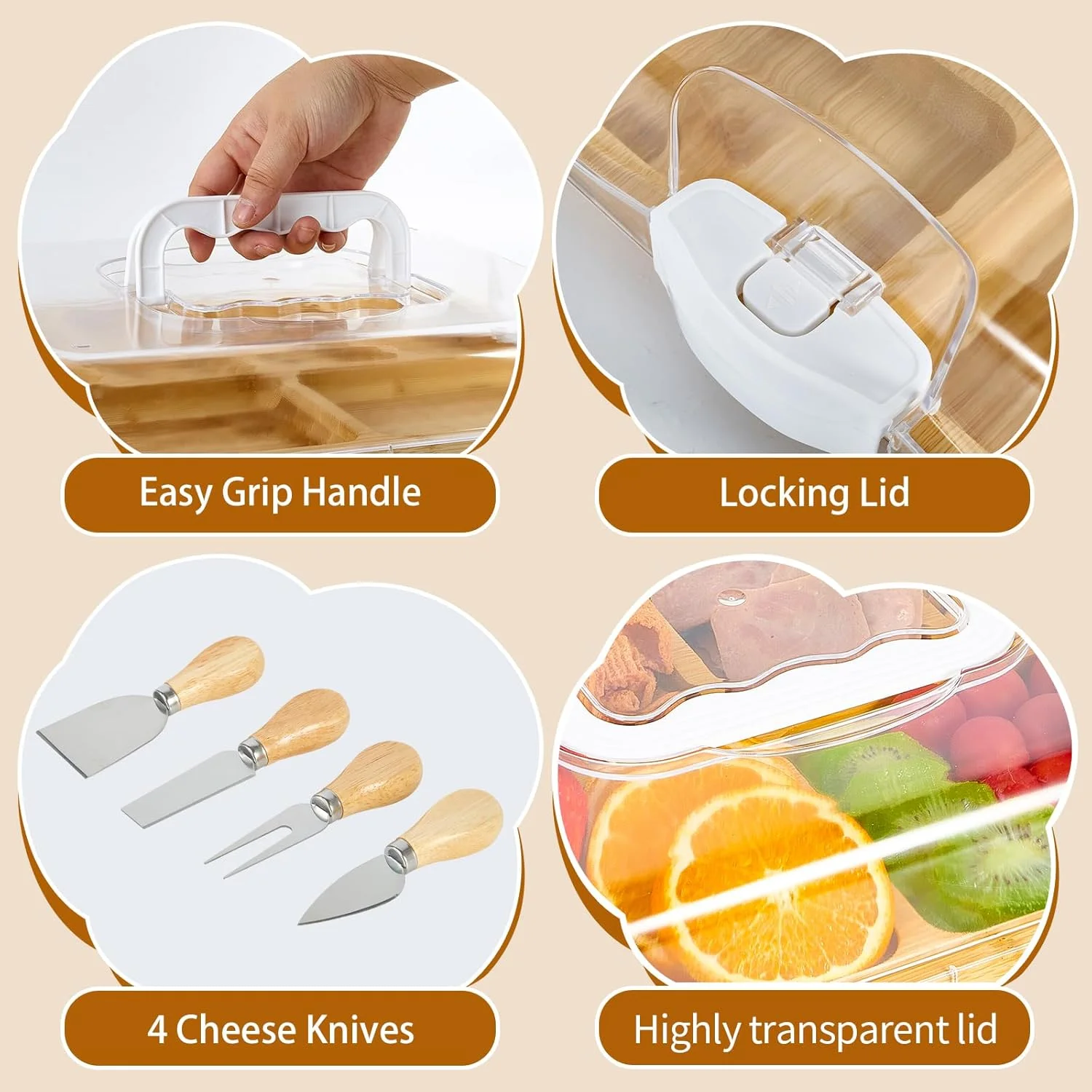 تخته پنیر و ست چاقو، تخته سرو قابل حمل با درب، دسته و محفظه، تخته سرو چوبی برای پنیر و غذا، ست هدیه تخته پنیر بامبو برای هدیه خانه نو