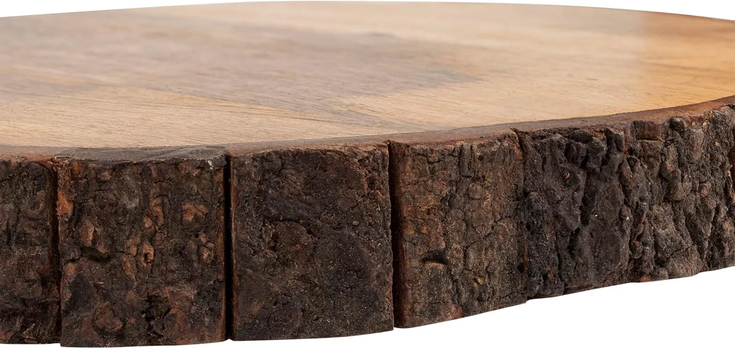 تخته برش چوبی گرد GoCraft با لبه پوست درخت | چوب انبه به ضخامت 1.5 اینچ، تخته خردکن، آماده سازی و سرو با لبه زنده | سینی پذیرایی