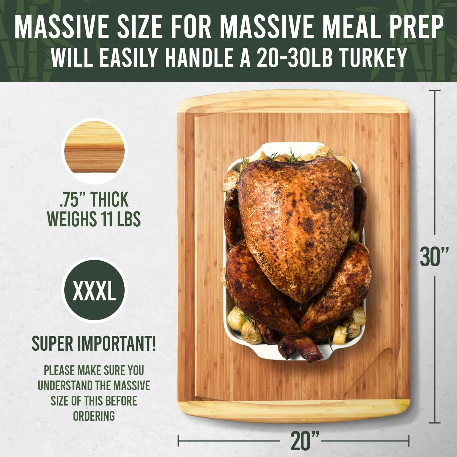 تخته گوشت چوبی آشپزخانه گرینر شف برای خرد کردن گوشت، 76 در 50 در 1.9 سانتی متر، تخته خردکن چوبی بامبو برای سرو غذا در آشپزخانه، سینی و دیس بزرگ (76 در 50)