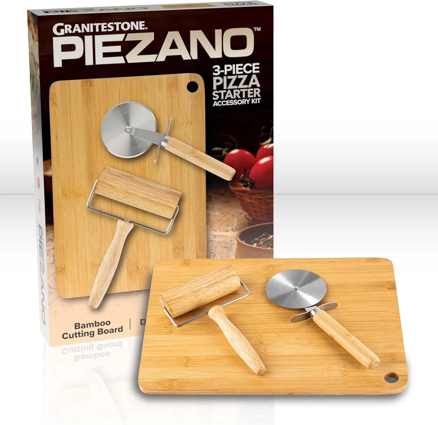 ست لوازم جانبی 3 تکه فر پیتزا گرانیت استون پیزانو - شامل وردنه خمیر پیتزا، برش پیتزا و تخته سرو پیتزا چوبی، ست لوازم جانبی 3 تکه فر پیتزا