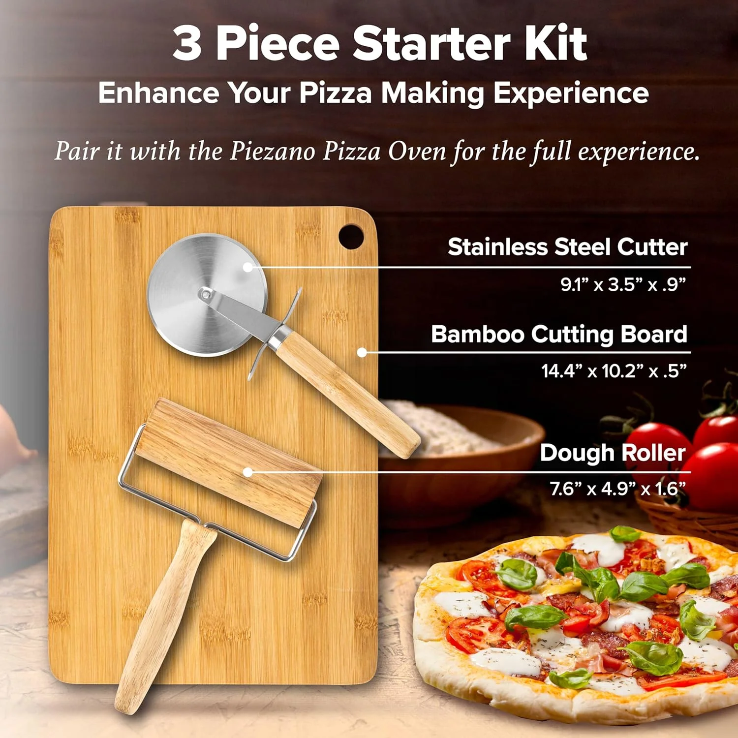 ست لوازم جانبی 3 تکه فر پیتزا گرانیت استون پیزانو - شامل وردنه خمیر پیتزا، برش پیتزا و تخته سرو پیتزا چوبی، ست لوازم جانبی 3 تکه فر پیتزا