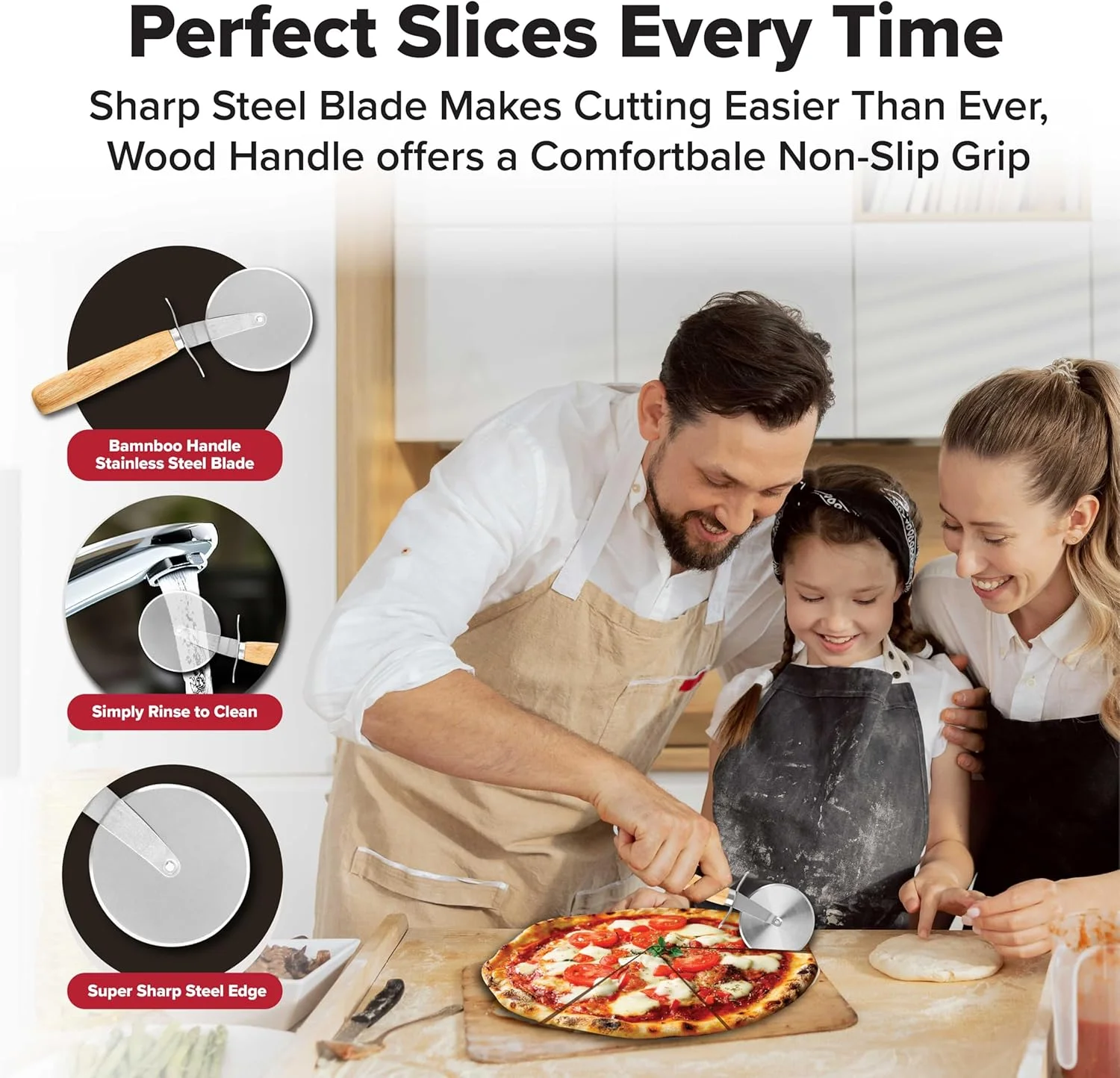 ست لوازم جانبی 3 تکه فر پیتزا گرانیت استون پیزانو - شامل وردنه خمیر پیتزا، برش پیتزا و تخته سرو پیتزا چوبی، ست لوازم جانبی 3 تکه فر پیتزا