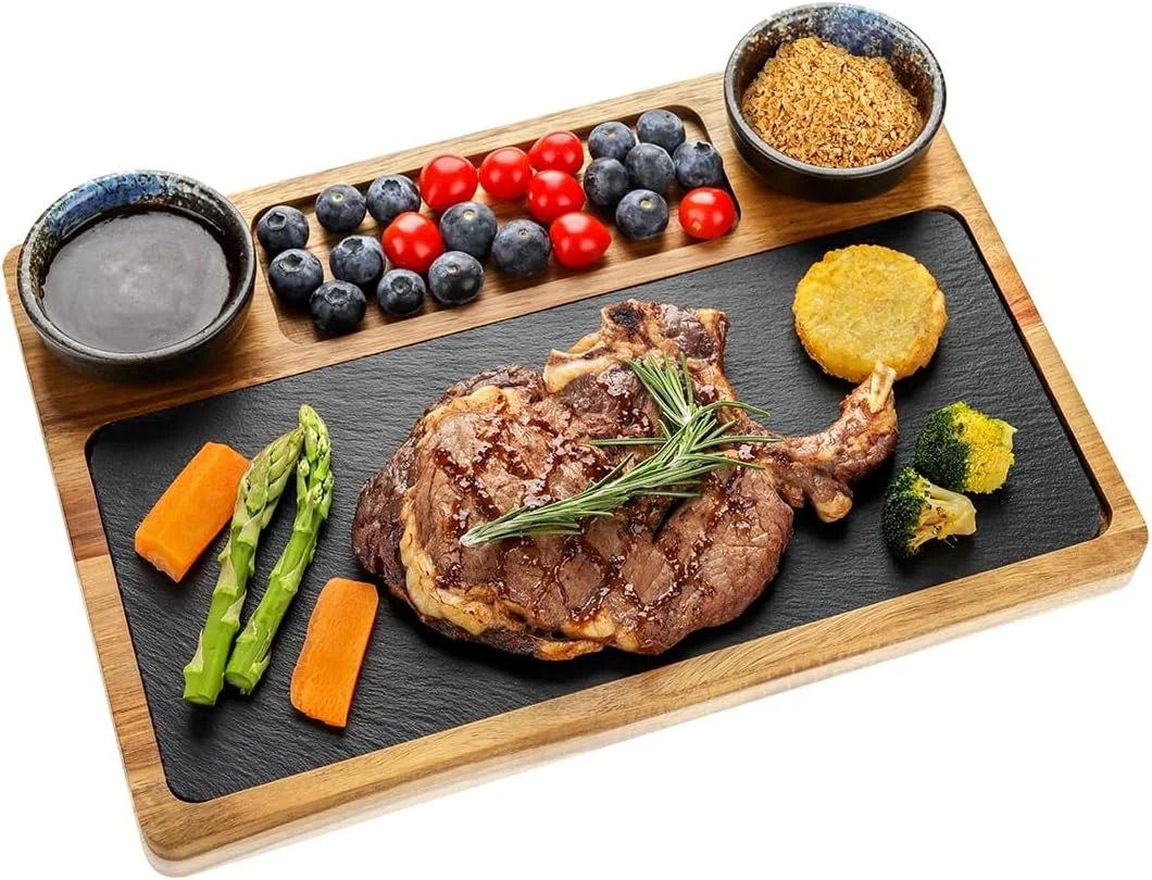 تخته سرو استیک چوبی با تخته سنگ، بشقاب شام نان استیک تخته سنگ، تخته های سرو غذا، ایده آل برای گوشت، پنیر، و سوسیس