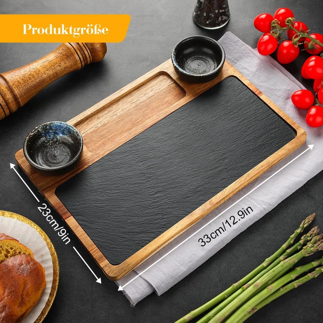 تخته سرو استیک چوبی با تخته سنگ، بشقاب شام نان استیک تخته سنگ، تخته های سرو غذا، ایده آل برای گوشت، پنیر، و سوسیس