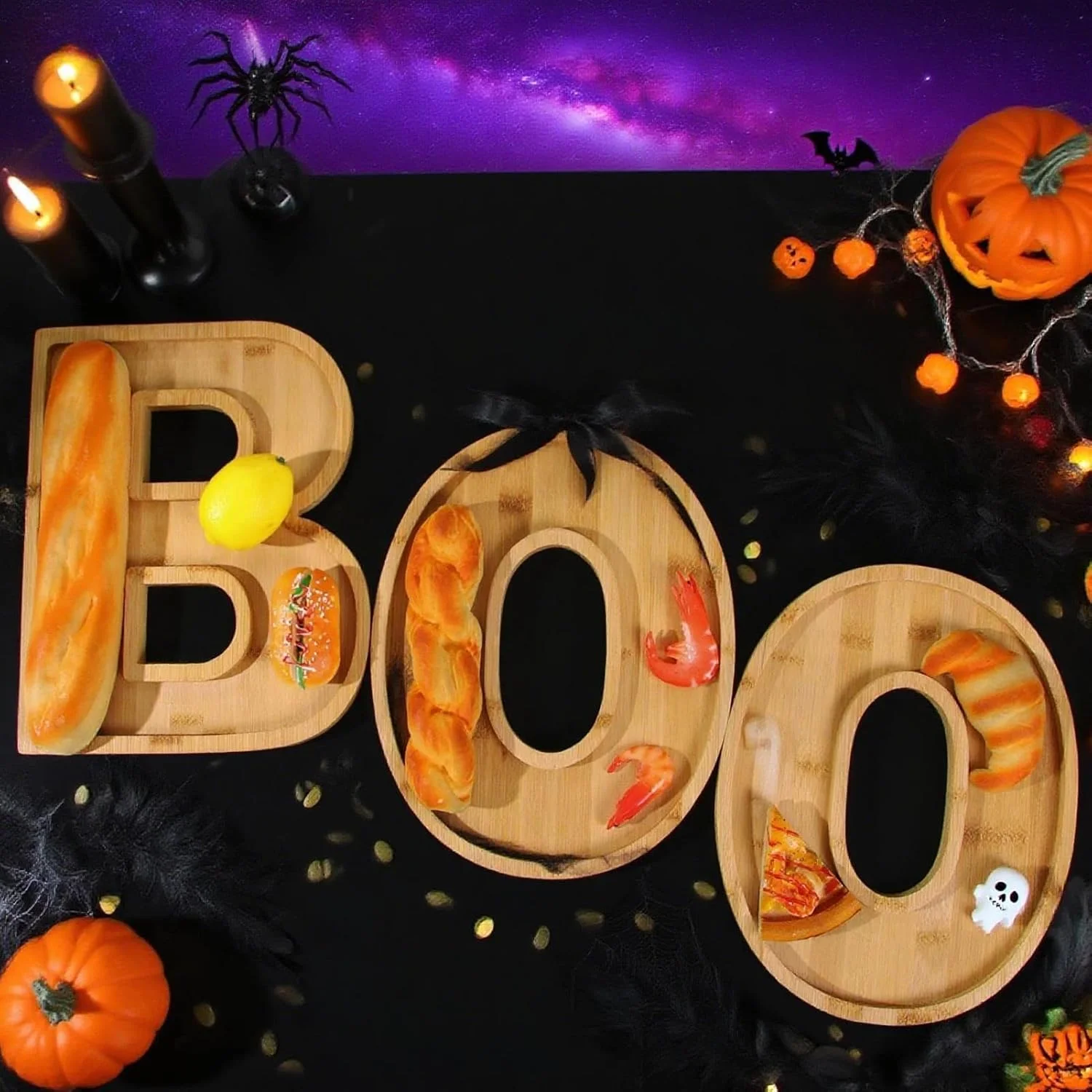 سینی سرو پنیر هالووین | سینی چوبی پذیرایی | دکوری هالووین چوبی برای آشپزخانه منزل و میز