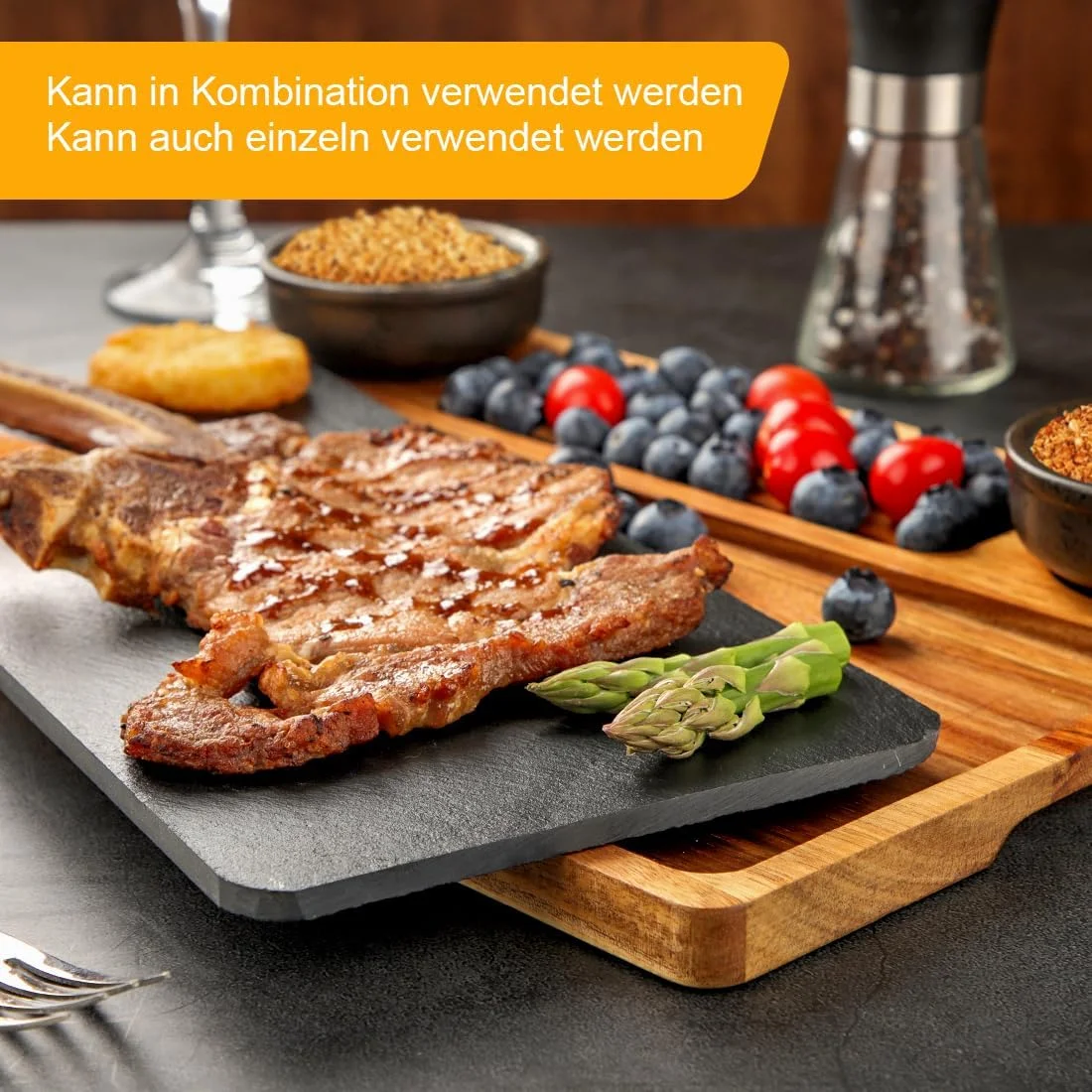 تخته سرو استیک چوبی با تخته سنگ، بشقاب شام نان استیک تخته سنگ، تخته های سرو غذا، ایده آل برای گوشت، پنیر، و سوسیس