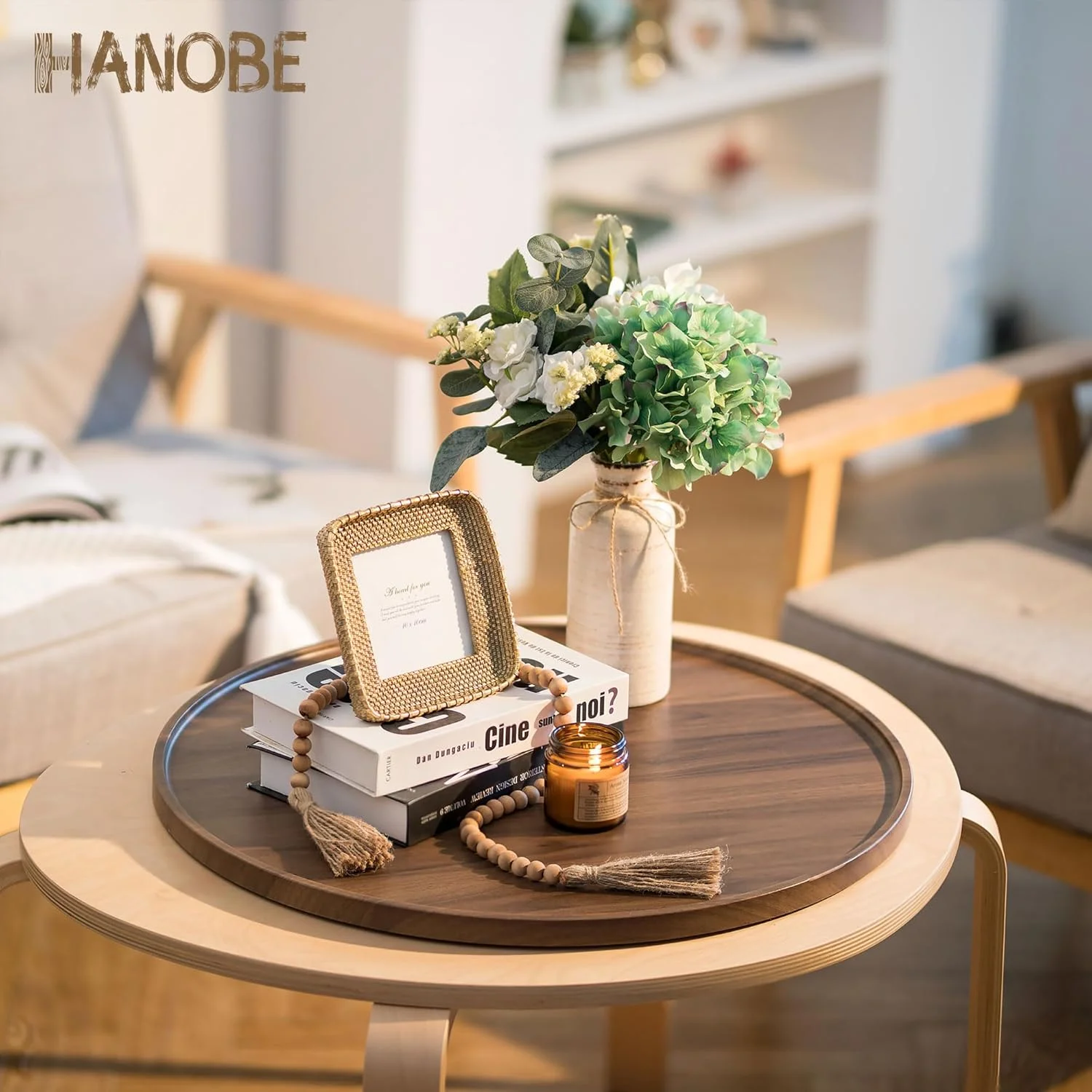 سینی سرو عثمانی فوق العاده بزرگ Hanobe: سینی میز قهوه گرد چوبی گردویی تزئینی، تخته سرو دایره ای بزرگ روستایی برای دکوراسیون منزل و اتاق نشیمن، 56 سانتی متر