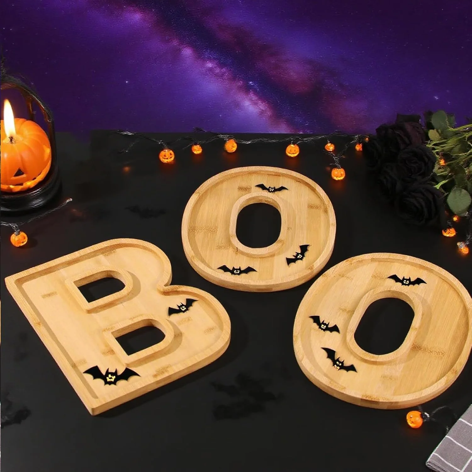 تخته سرو پذیرایی هالووین | سینی چوبی پذیرایی مناسب مهمانی و دکوراسیون پاییزی، میز غذا، شومینه، آشپزخانه، دسر، شیرینی و میوه