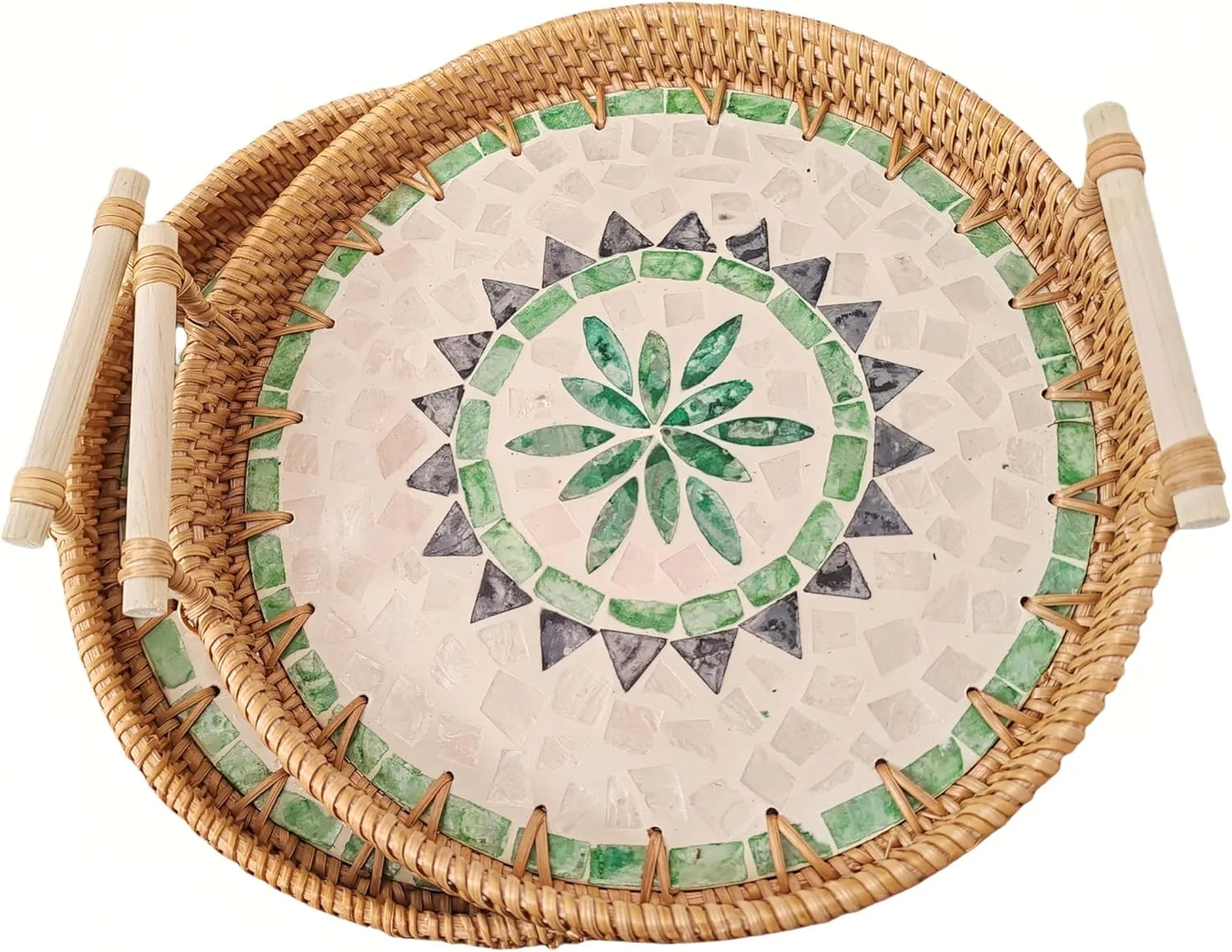 سینی حصیری گرد با دسته، دیس با روکش صدف، سینی سرو حصیری تزئینی با پایه چوبی، سینی سبد بافته شده برای نان، میوه، قهوه، طرح برگ