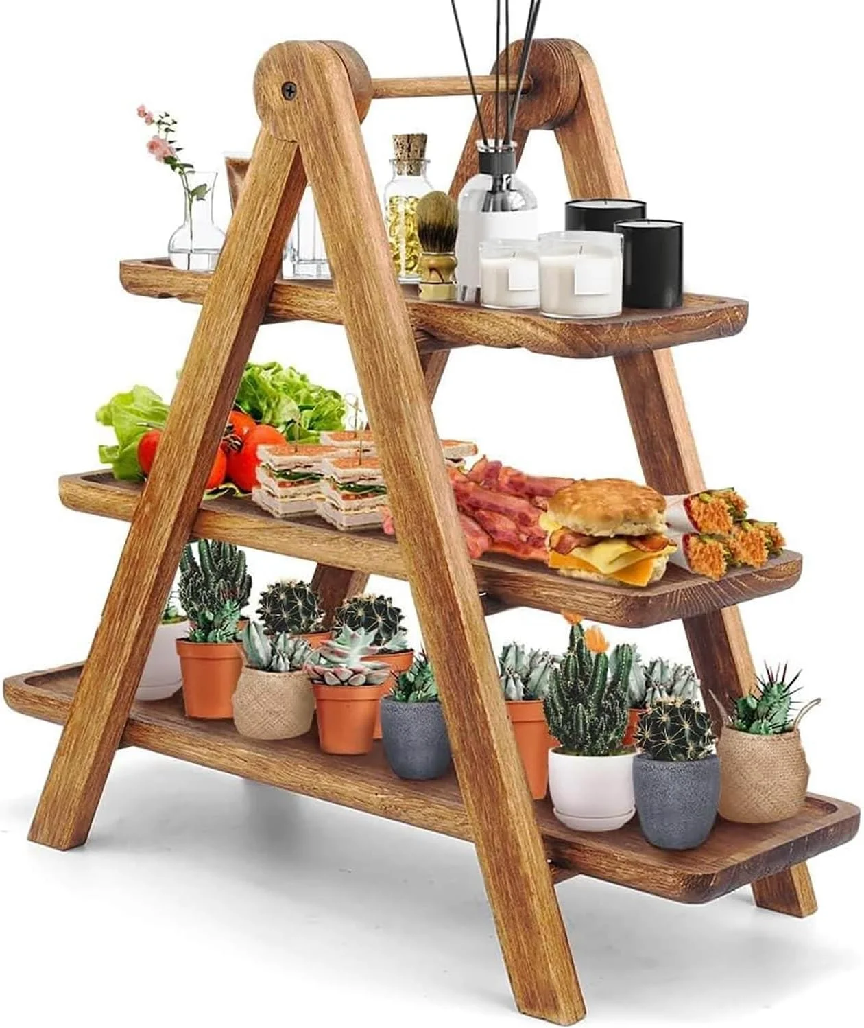 سینی سرو چوبی سه طبقه برای پذیرایی، سینی های چوبی مهمانی، استند میوه و کاپ کیک، تخته پنیر