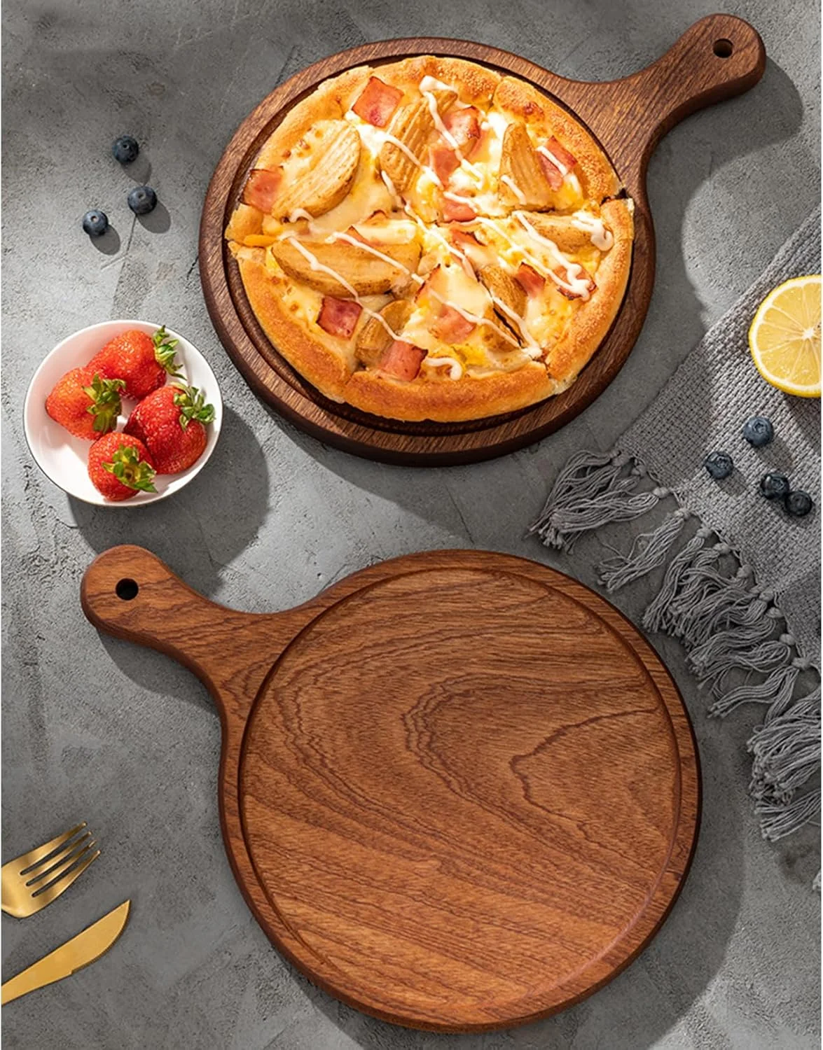 تخته برش چوبی گرد با دسته، تخته سرو چوبی برای گوشت، تخته پنیر، نان و تخته سرو - تخته سرو چوبی تزئینی برای آشپزخانه، قهوه ای - 11 اینچ