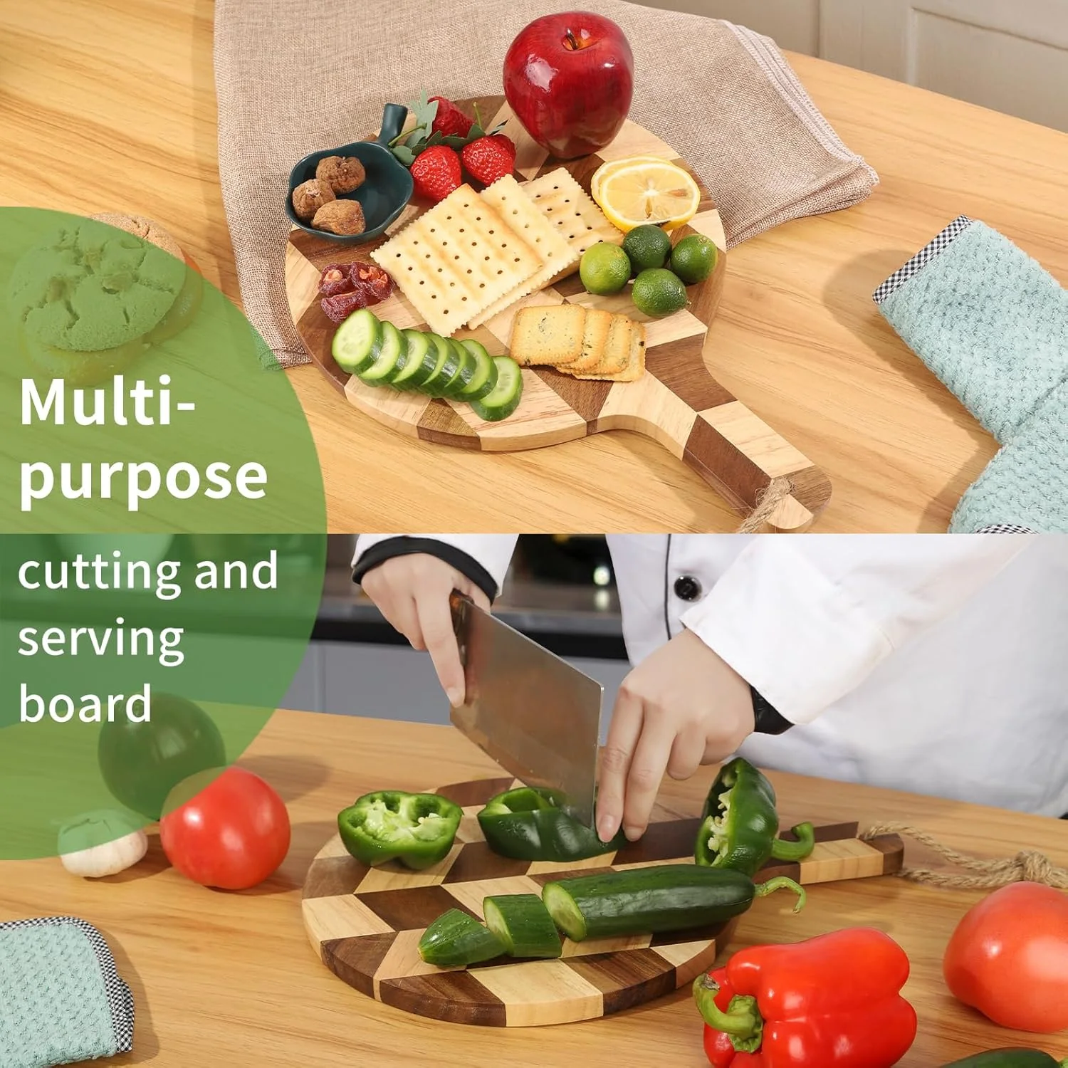 تخته برش گرد چوبی اقاقیا، مناسب برای گوشت، پنیر، سبزیجات، نان و سینی مزه - تخته سرو چوبی تزئینی برای آشپزخانه و اتاق غذاخوری