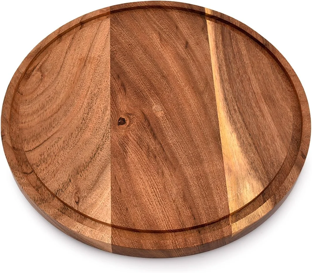 تخته برش چوبی آکاسیا با شیار آبمیوه، تخته سرو پنیر دایره ای، تخته خردکن چوبی (23x23x1.5 سانتی متر)