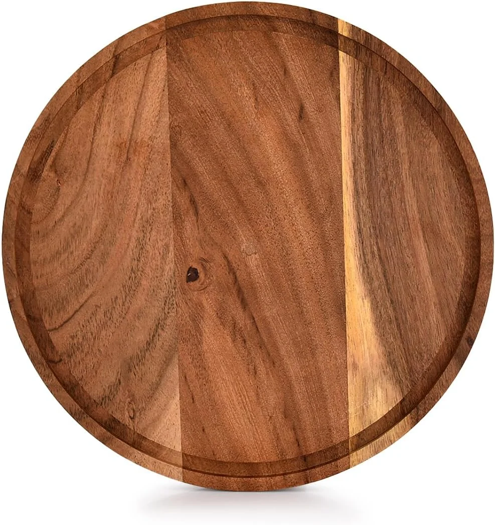 تخته برش چوبی آکاسیا با شیار آبمیوه، تخته سرو پنیر دایره ای، تخته خردکن چوبی (23x23x1.5 سانتی متر)